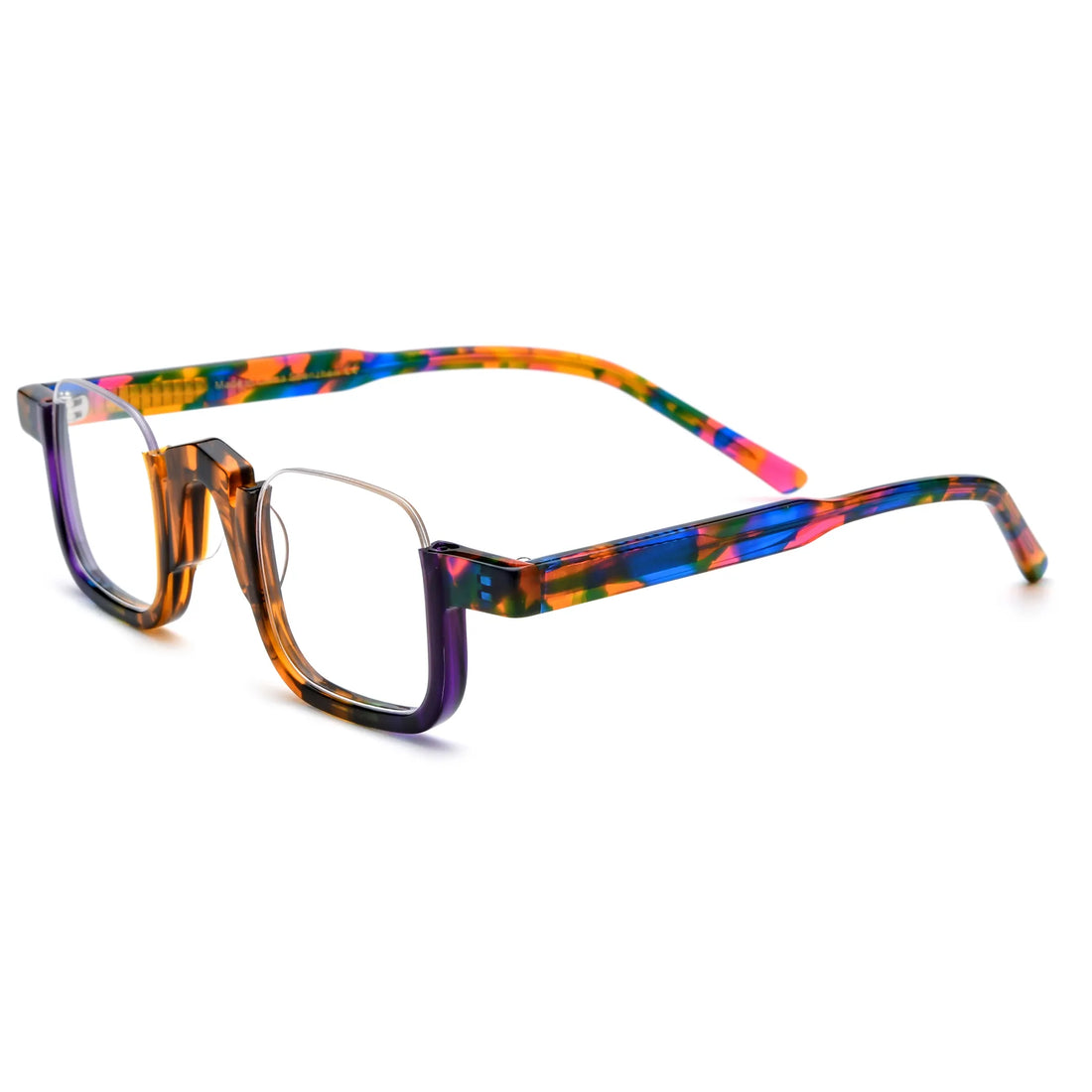Side product view of  VL19352 Colorful Tortoise square eyeglasses on a white background, highlighting the patterned acetate temples and semi-rimless frame