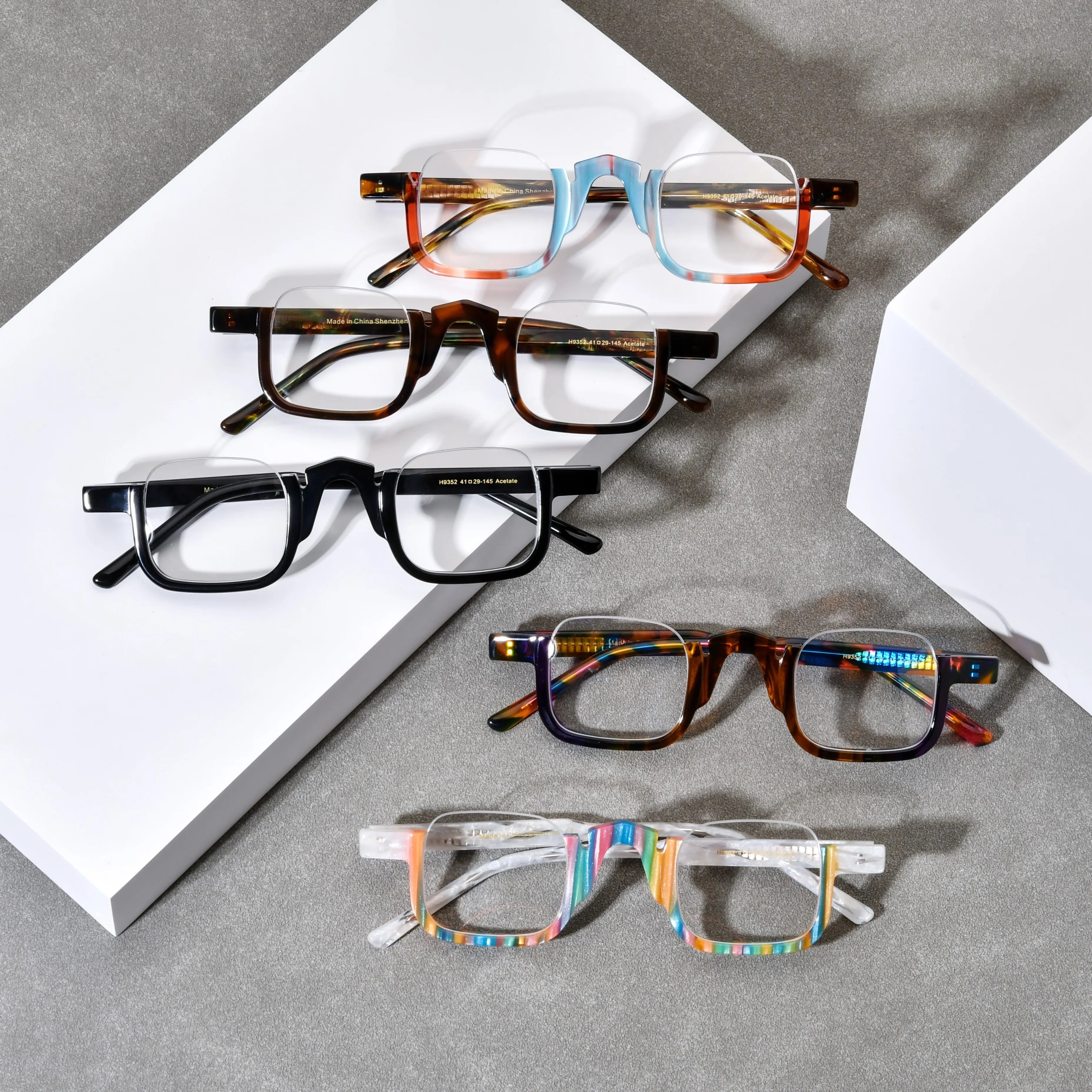 VL19352 semi-rimless square acetate eyeglasses color collection featuring Crystal Blue Tortoise, Warm Tortoise, Colorful Tortoise, Crystal Aurora and Midnight Black frames