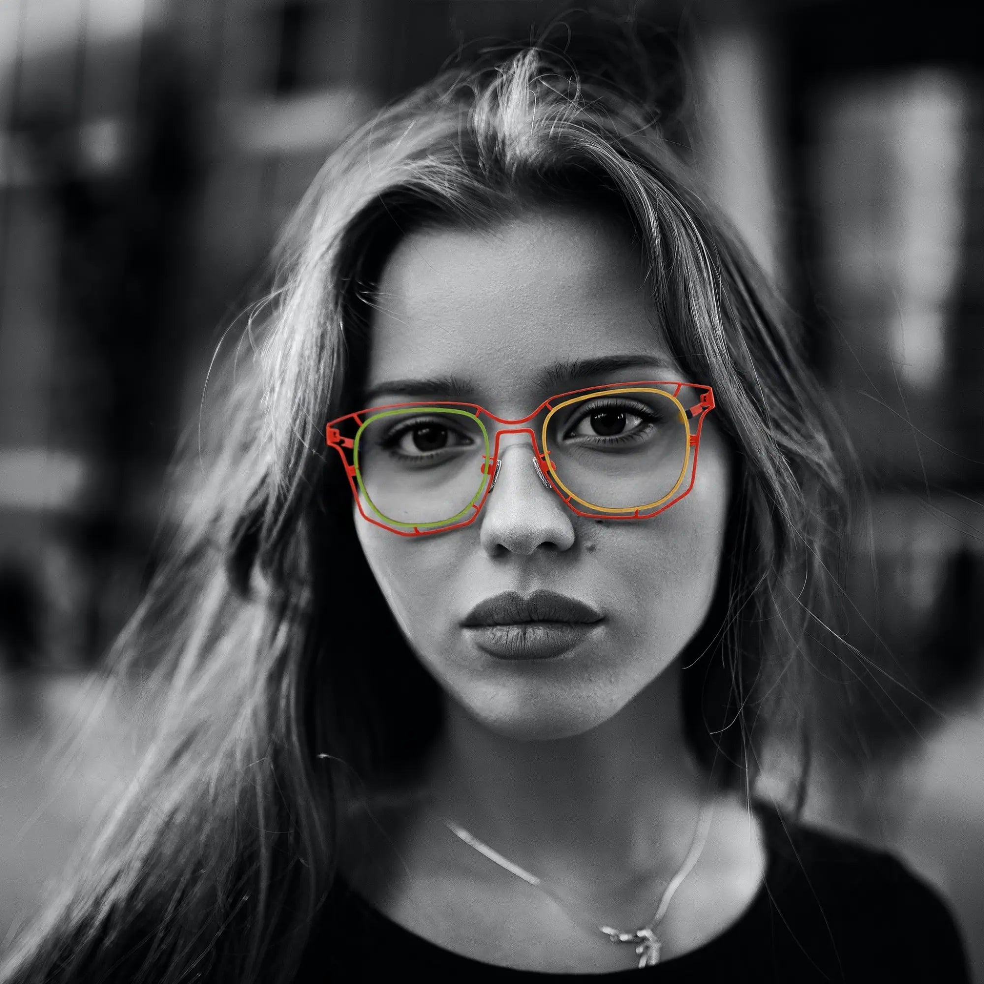 Model wearing Amber Blaze VoyueLens™ titanium eyeglasses