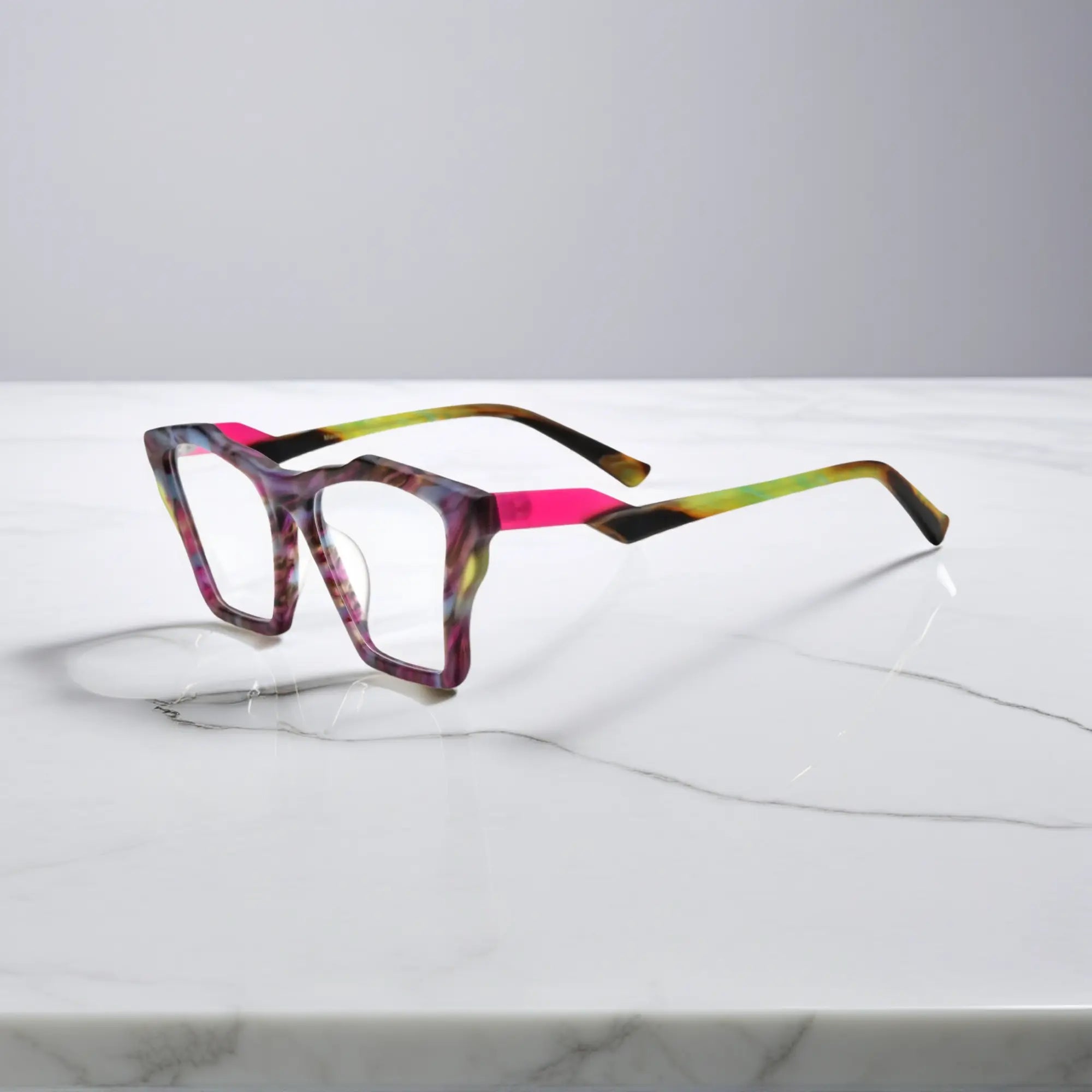 Side profile of VoyueLens™ Amethyst Bloom glasses, highlighting deep matte violet with lavender gradients and ergonomic acetate arms.