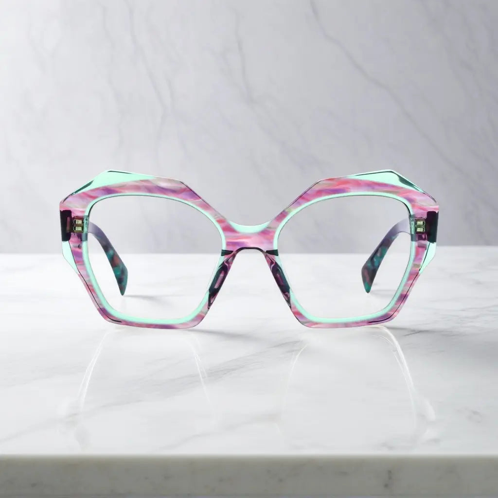 Front view of Amethyst Mist polygon eyeglasses in rich purple tones with glossy acetate finish.