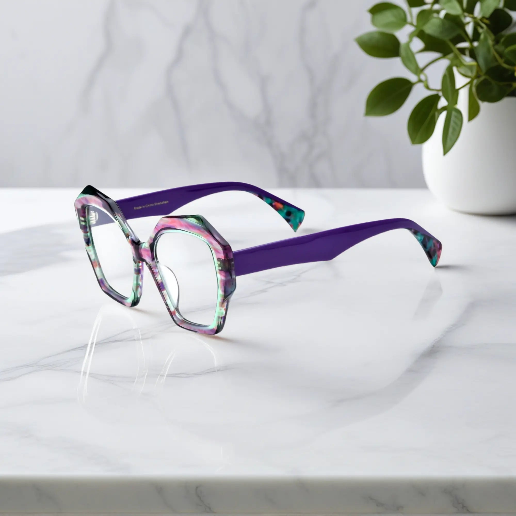 Side profile of VoyueLens™ Amethyst Mist showing vivid purple temples and clear frame lines.