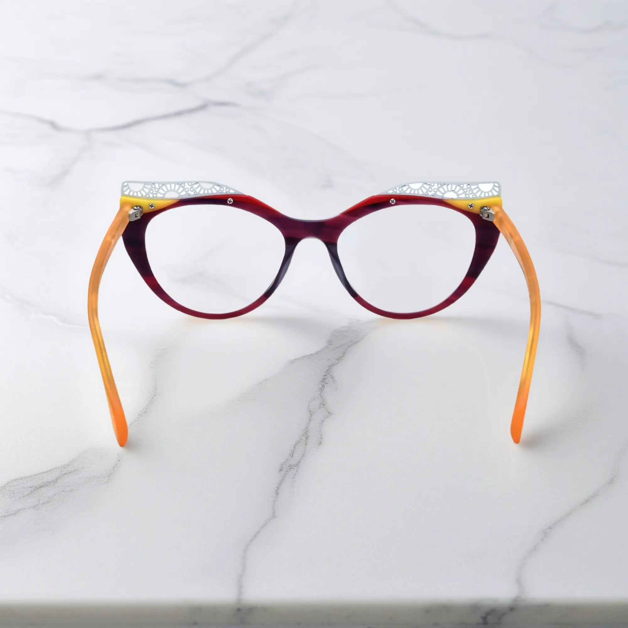 Back View of VoyueLens™ Amethyst Sunrise cat-eye eyeglasses with purple-to-yellow gradient and signature lace-pattern design.