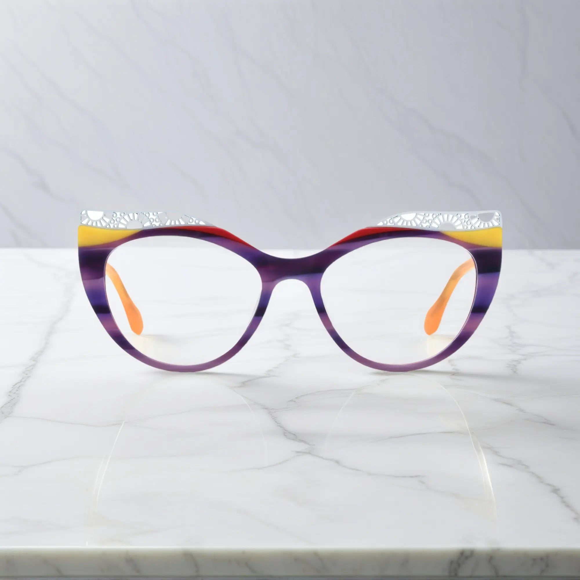 Front View of VoyueLens™ Amethyst Sunrise cat-eye eyeglasses with purple-to-yellow gradient and signature lace-pattern design.