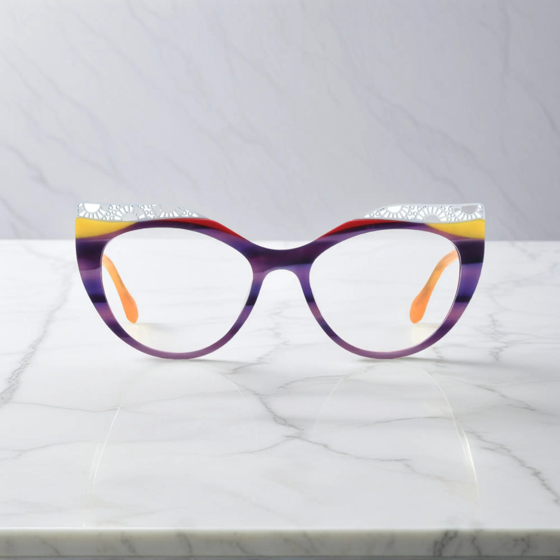 Front View of VoyueLens™ Amethyst Sunrise cat-eye eyeglasses with purple-to-yellow gradient and signature lace-pattern design.