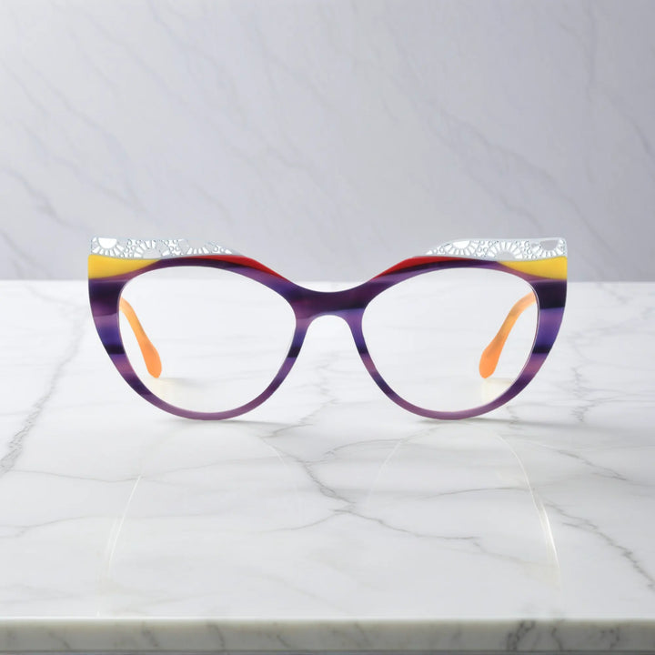 Front View of VoyueLens™ Amethyst Sunrise cat-eye eyeglasses with purple-to-yellow gradient and signature lace-pattern design.