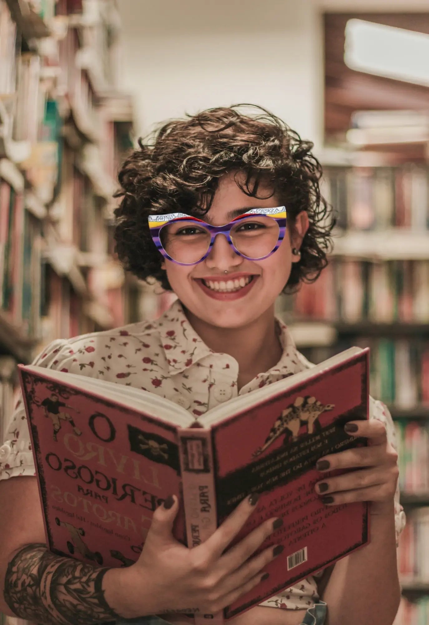 Model Wearing View of VoyueLens™ Amethyst Sunrise cat-eye eyeglasses with purple-to-yellow gradient and signature lace-pattern design.