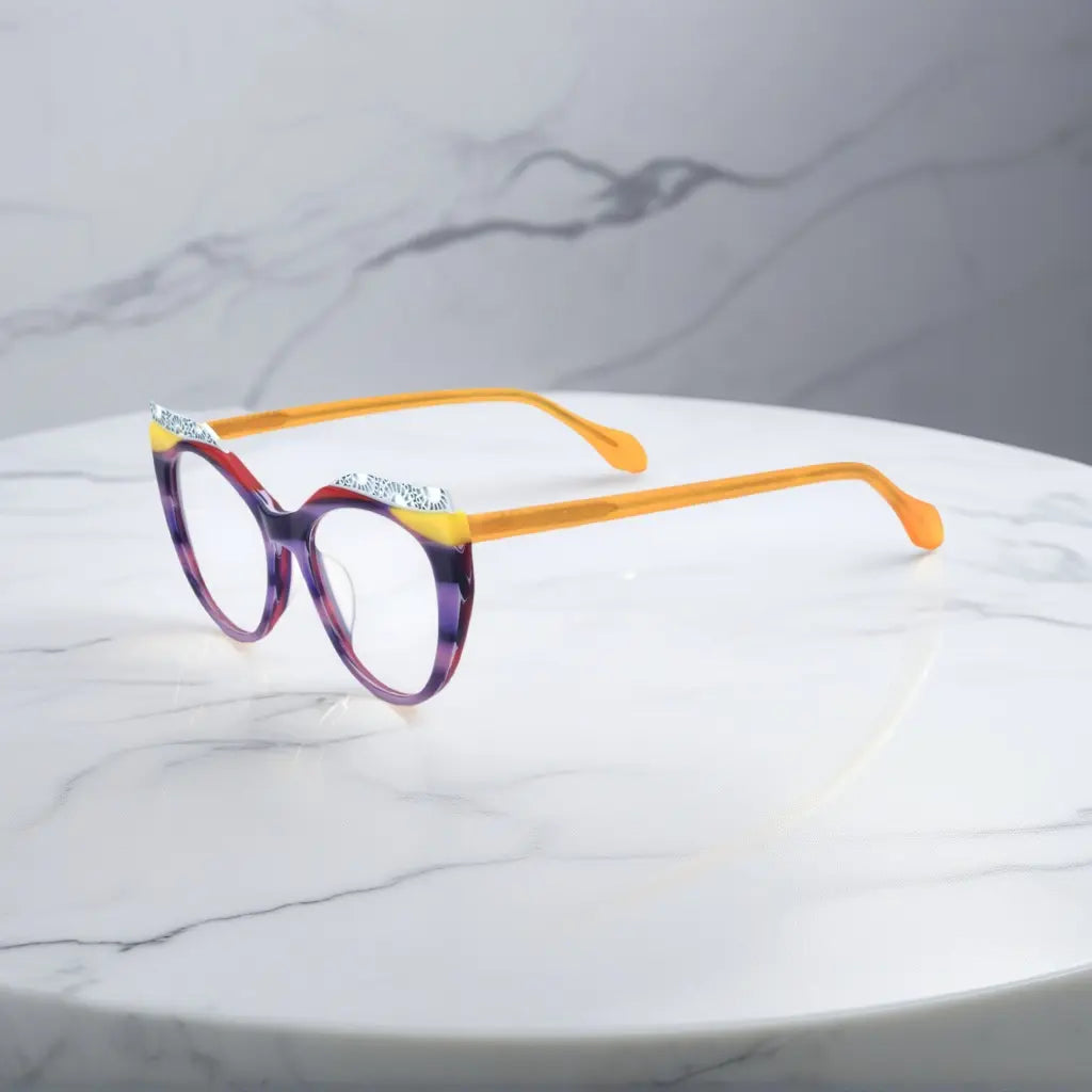 Side View of VoyueLens™ Amethyst Sunrise cat-eye eyeglasses with purple-to-yellow gradient and signature lace-pattern design.