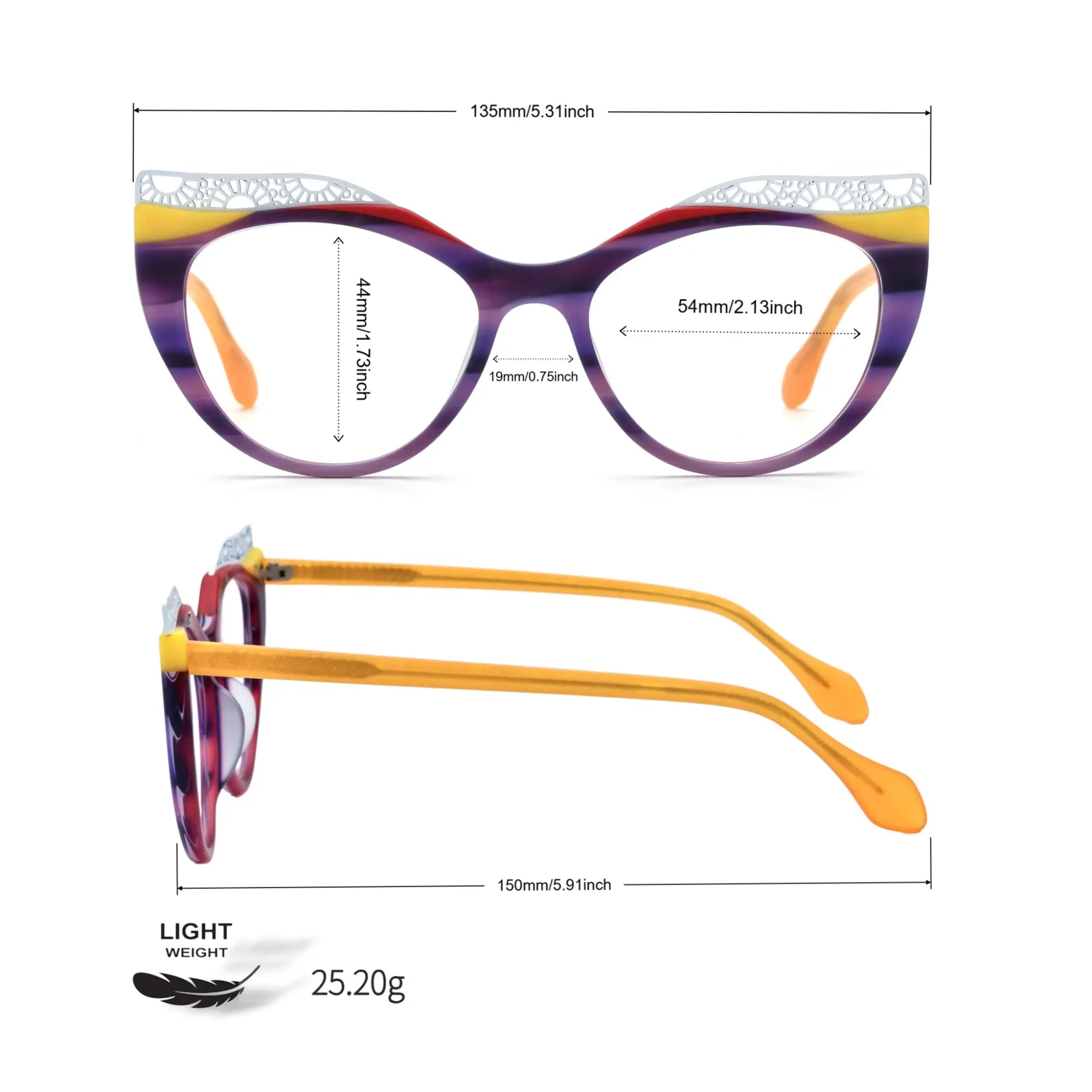 Measurement View of VoyueLens™ Amethyst Sunrise cat-eye eyeglasses with purple-to-yellow gradient and signature lace-pattern design.