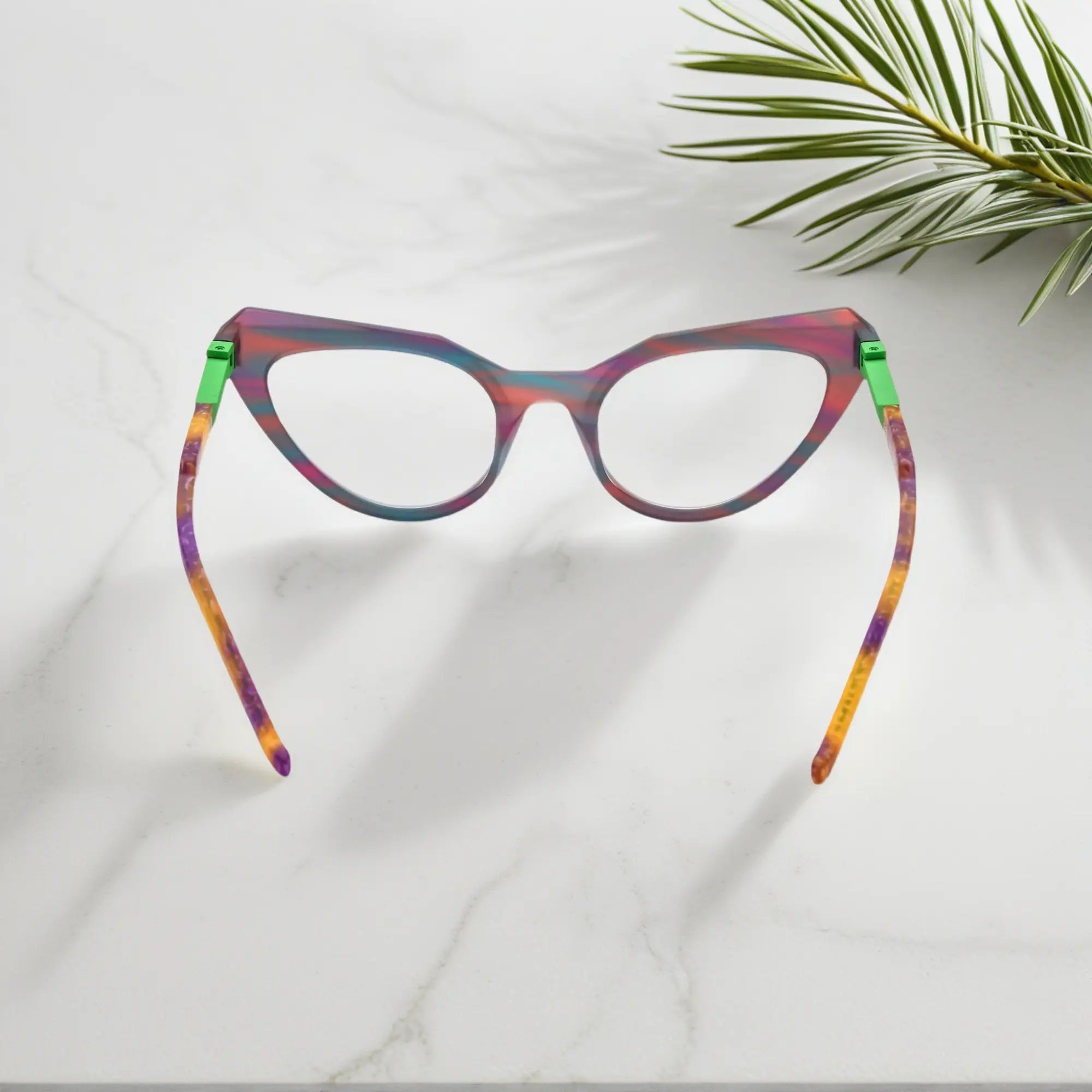 Back view of matte acetate butterfly eyeglasses in Aurora Fade with rich color blending and ergonomic design.