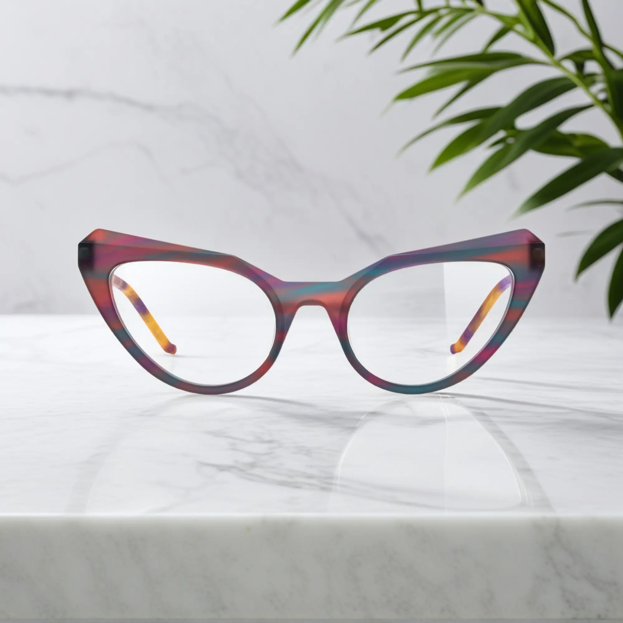 Front view of VoyueLens™ Aurora Fade butterfly eyeglasses, blending purple and green hues in a dreamy matte acetate finish.