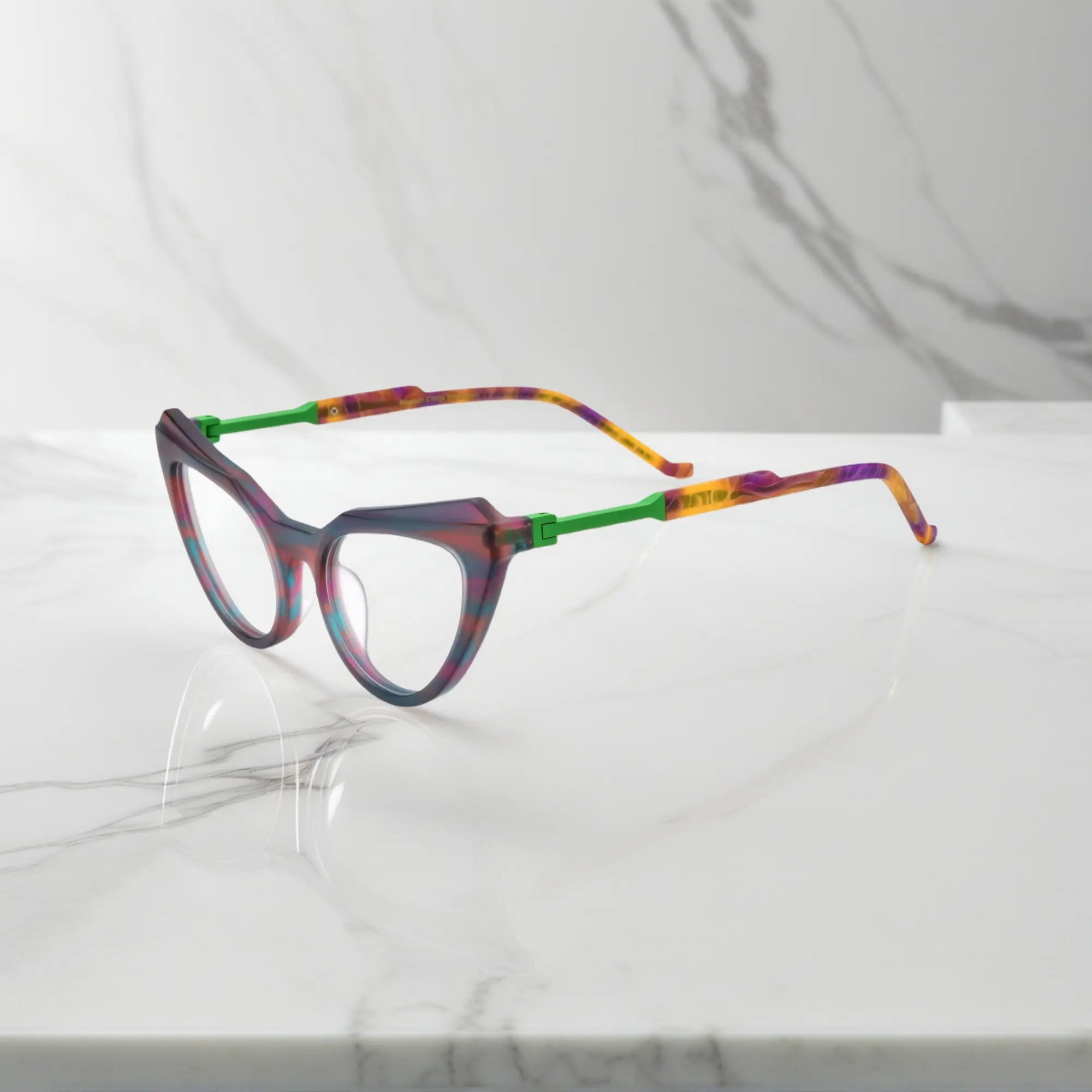 Side angle showcasing the vibrant color transition of Aurora Fade VoyueLens™ butterfly eyeglasses and elegant arm curvature.
