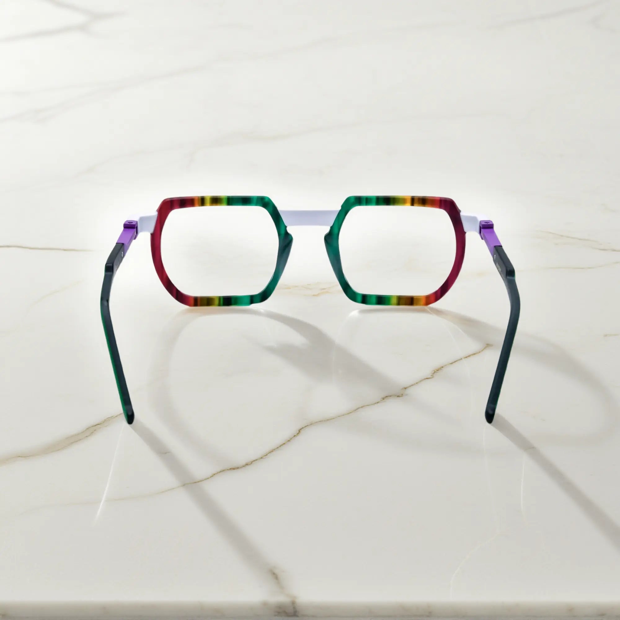 Rear view of Aurora Fade eyeglasses with shimmering color transition and high-gloss finish