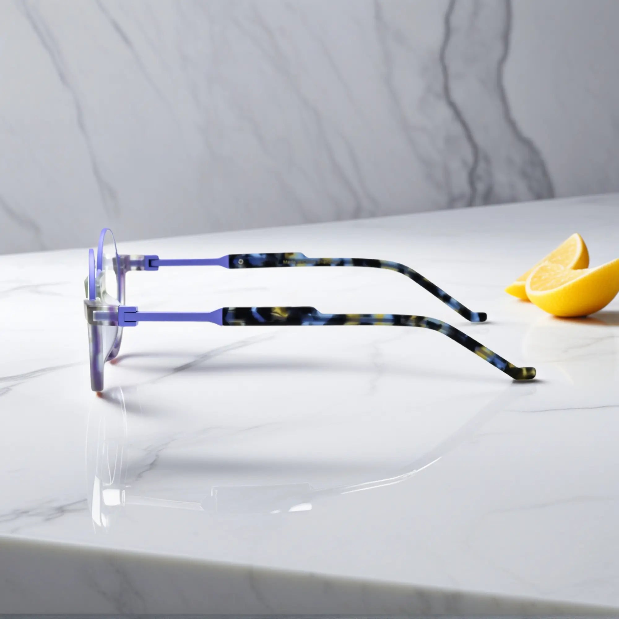 Side view highlighting the purple acetate frame and slender arms of Aurora Fade round eyeglasses by VoyueLens™.