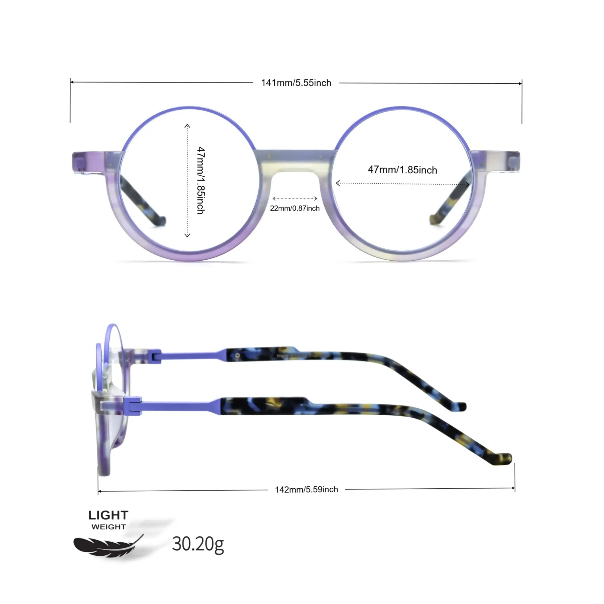 Technical size reference for Aurora Fade eyeglasses, including frame width, lens width, and temple length.