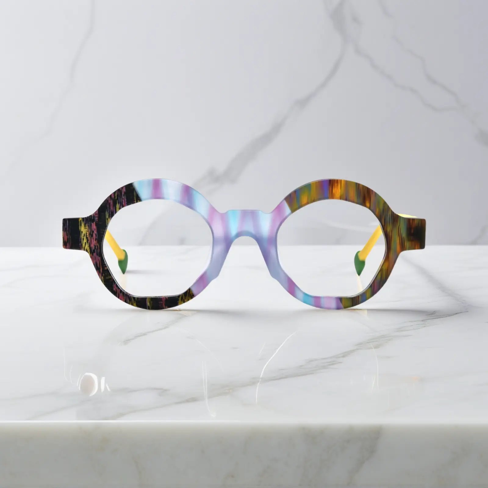 Front perspective of Aurora Fade VoyueLens™ VL19355 eyeglasses featuring multi-color matte gradient and polygon silhouette