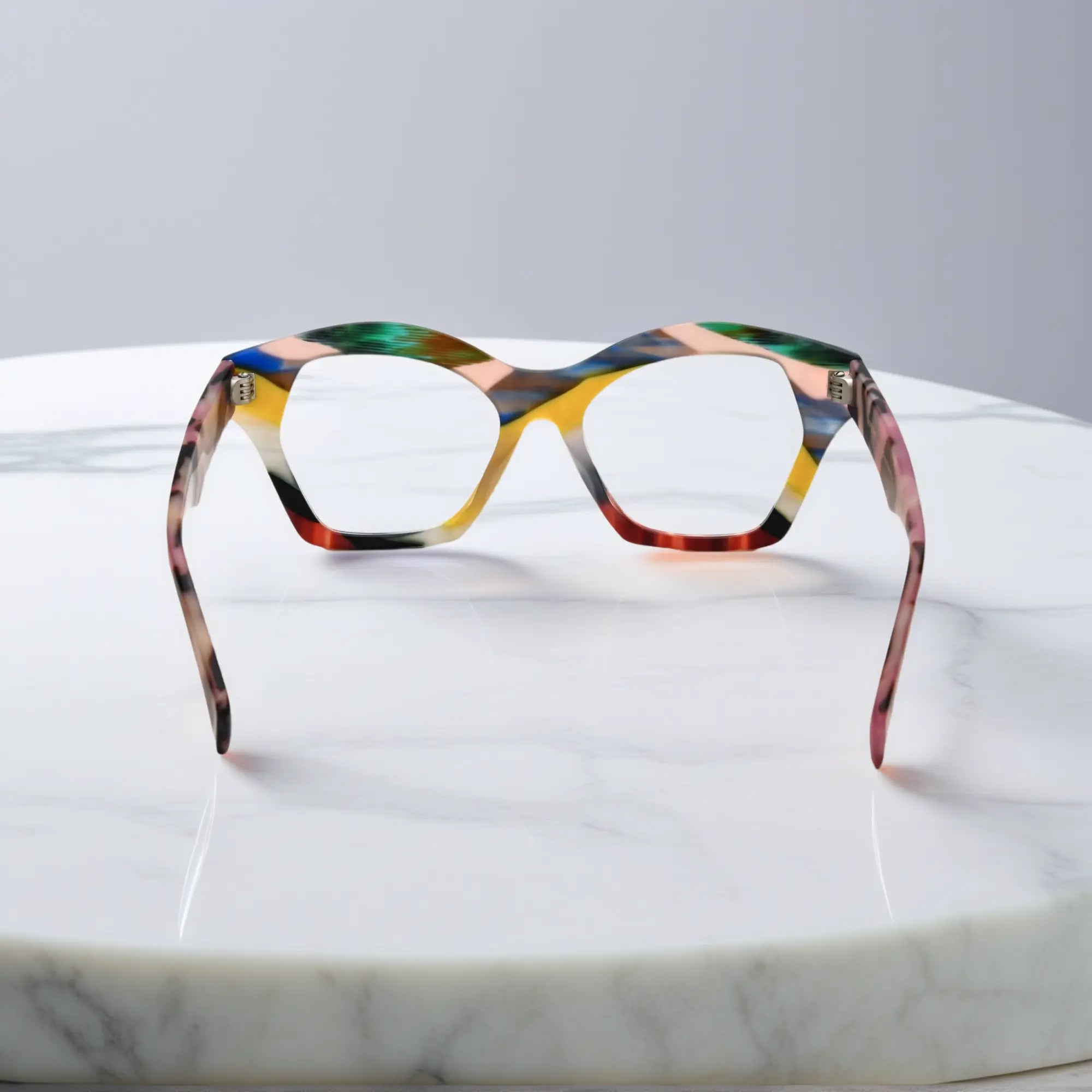 Rear frame view of VoyueLens™ Aurora Mosaic eyeglasses, capturing bright spectrum tones and finish.