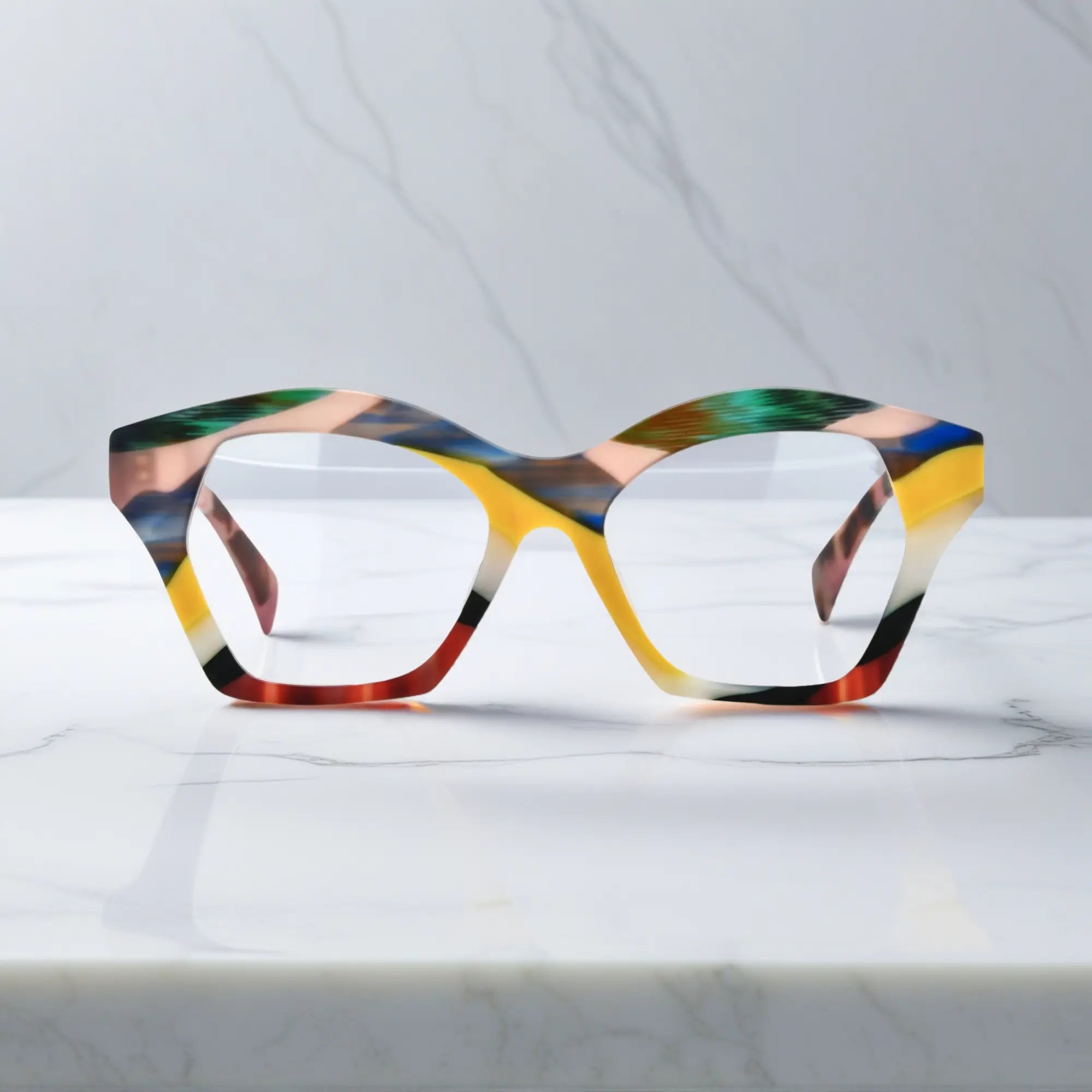 Front shot of VoyueLens™ Aurora Mosaic eyeglasses featuring colorful abstract blocks on a soft matte frame.