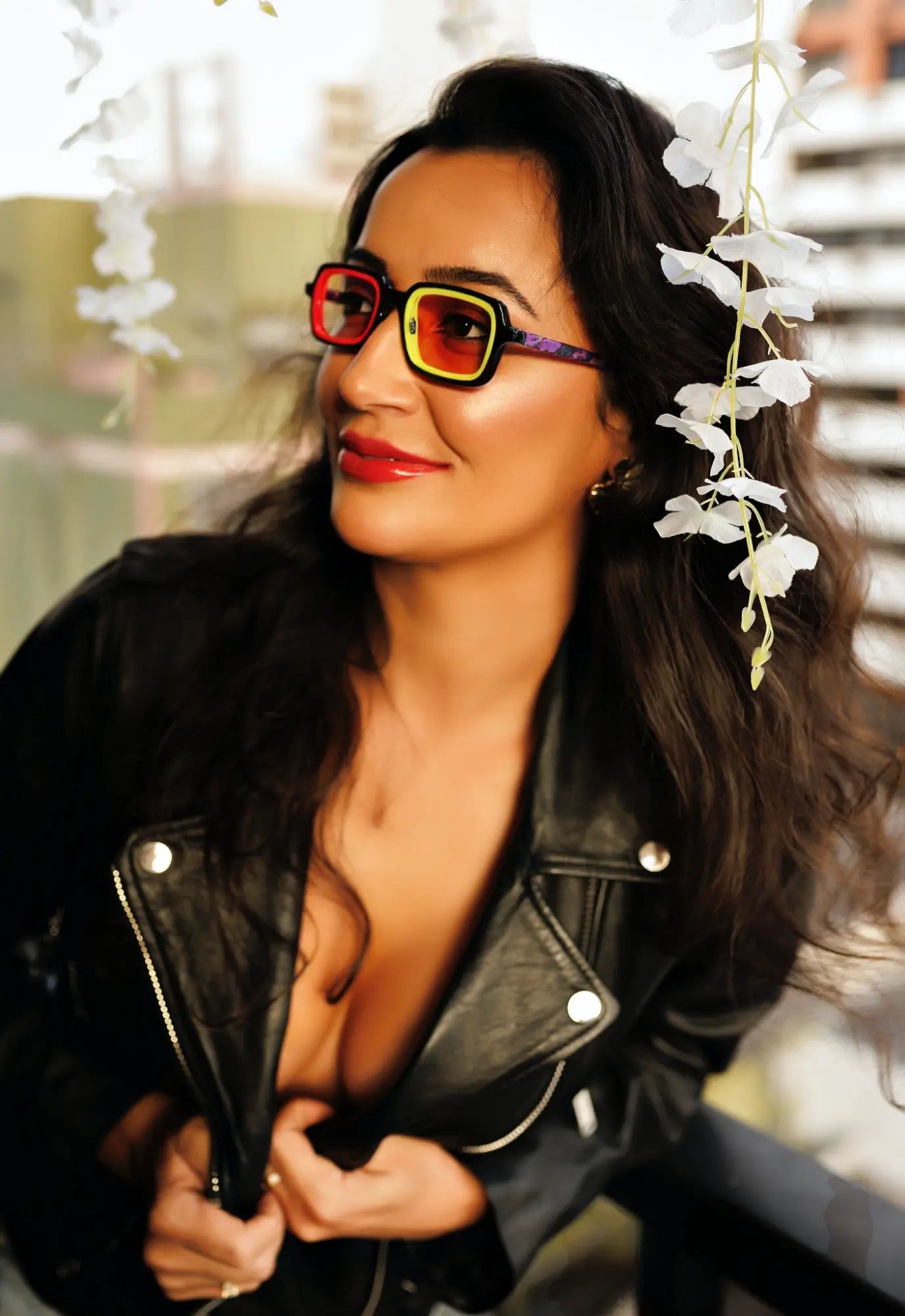 VoyueLens™ geometric eyeglasses in Black Amber color, model wearing this variant styled in modern fashion.