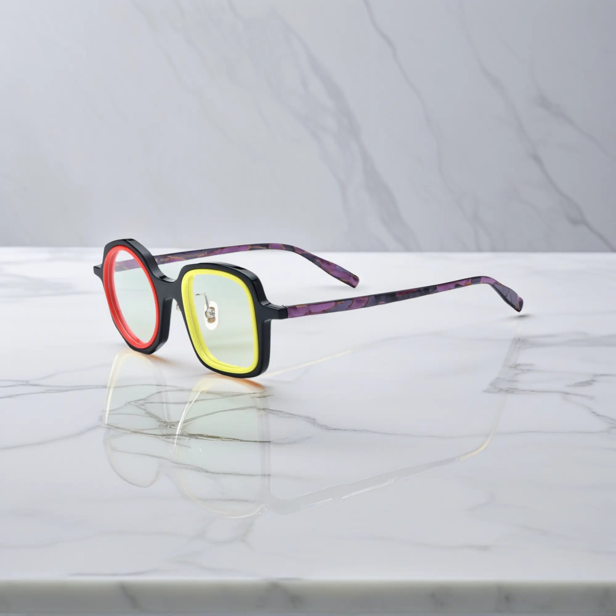 VoyueLens™ geometric eyeglasses in Black Amber color, side view showing dual-tone design and spring hinges.