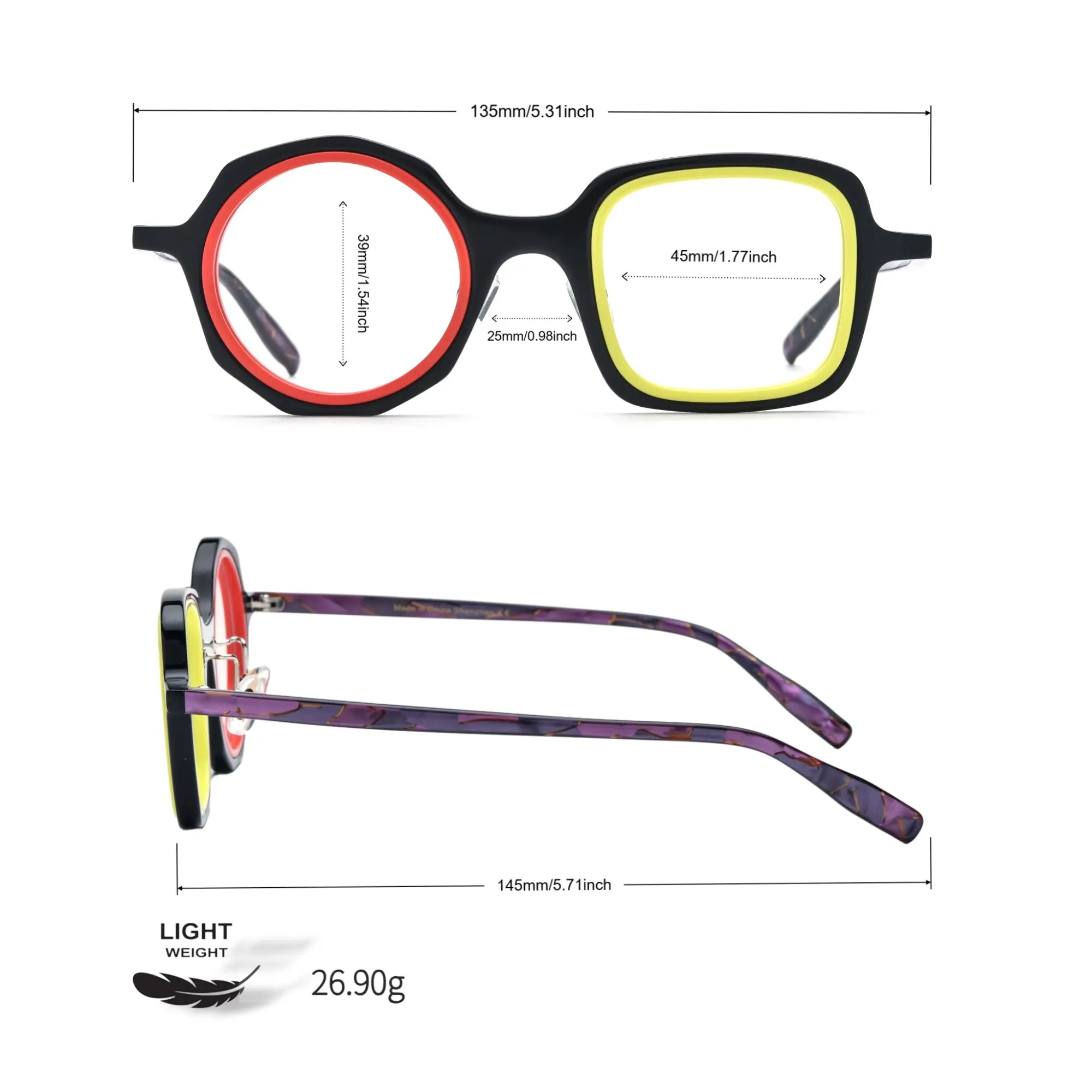 VoyueLens™ geometric eyeglasses in Black Amber color, size chart including lens width, bridge, and temple length.