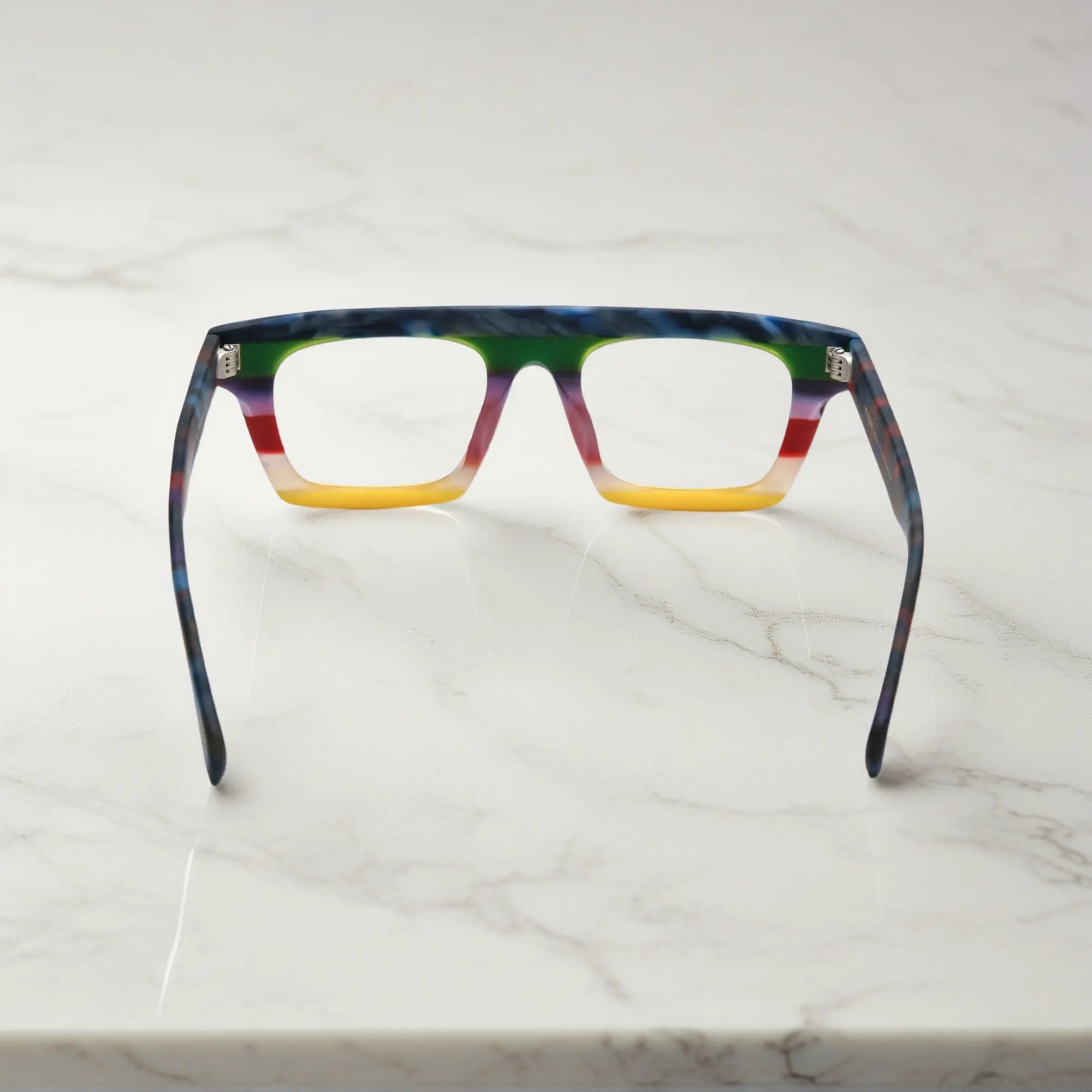 Back angle view showing frame curve and inner detail of VoyueLens Acetate Square Eyeglasses in Blue Bloom