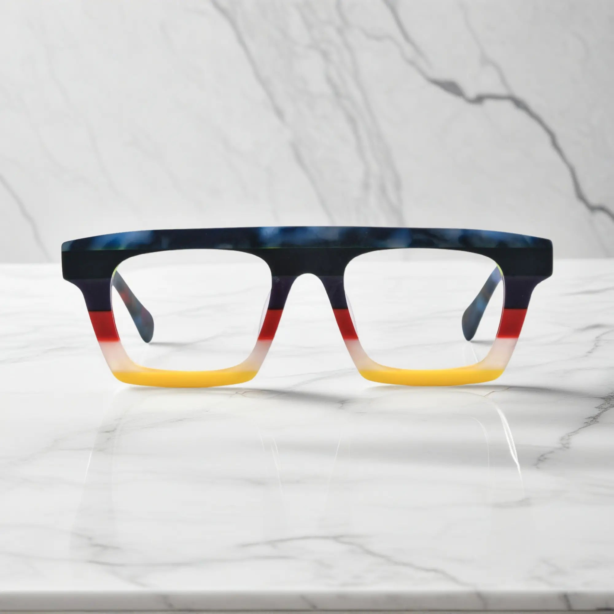 Front-facing view showcasing the bold square frame design of VoyueLens Acetate Square Eyeglasses in Blue Bloom