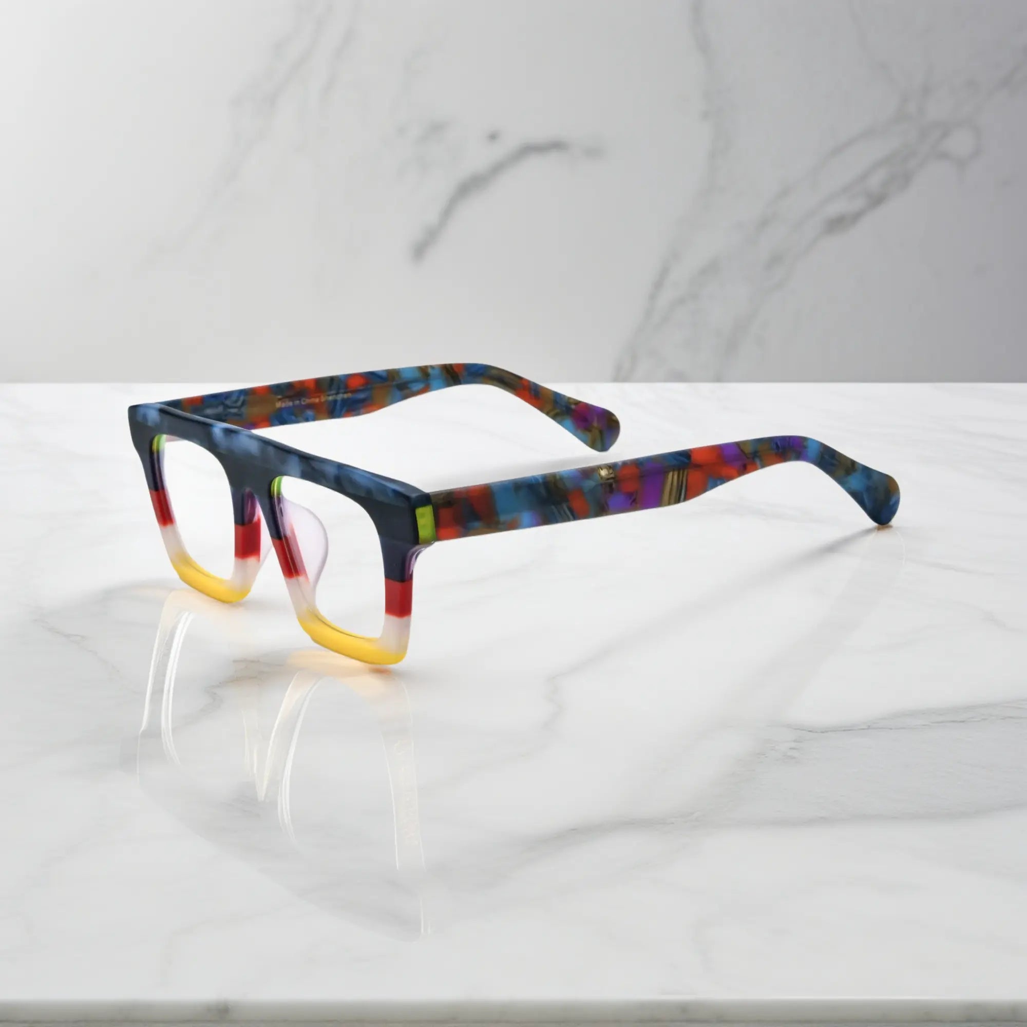 Side profile highlighting the temple structure and acetate finish of VoyueLens Acetate Square Eyeglasses in Blue Bloom