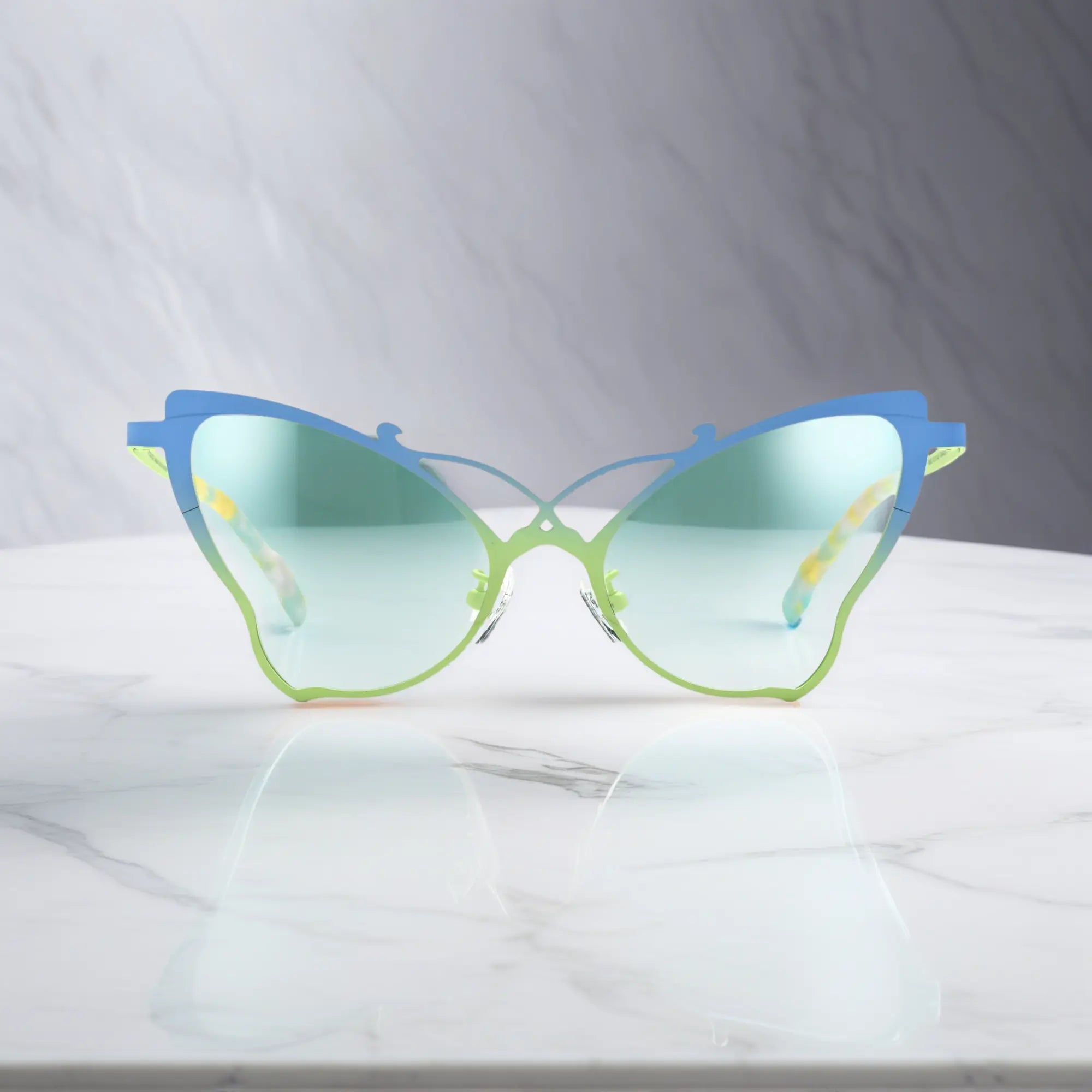 Front of VoyueLens™ VL185862 titanium butterfly eyeglasses in Blue Green – a lightweight, colorful, vintage-inspired, prescription ready frame designed for unique artistic style and everyday comfort.