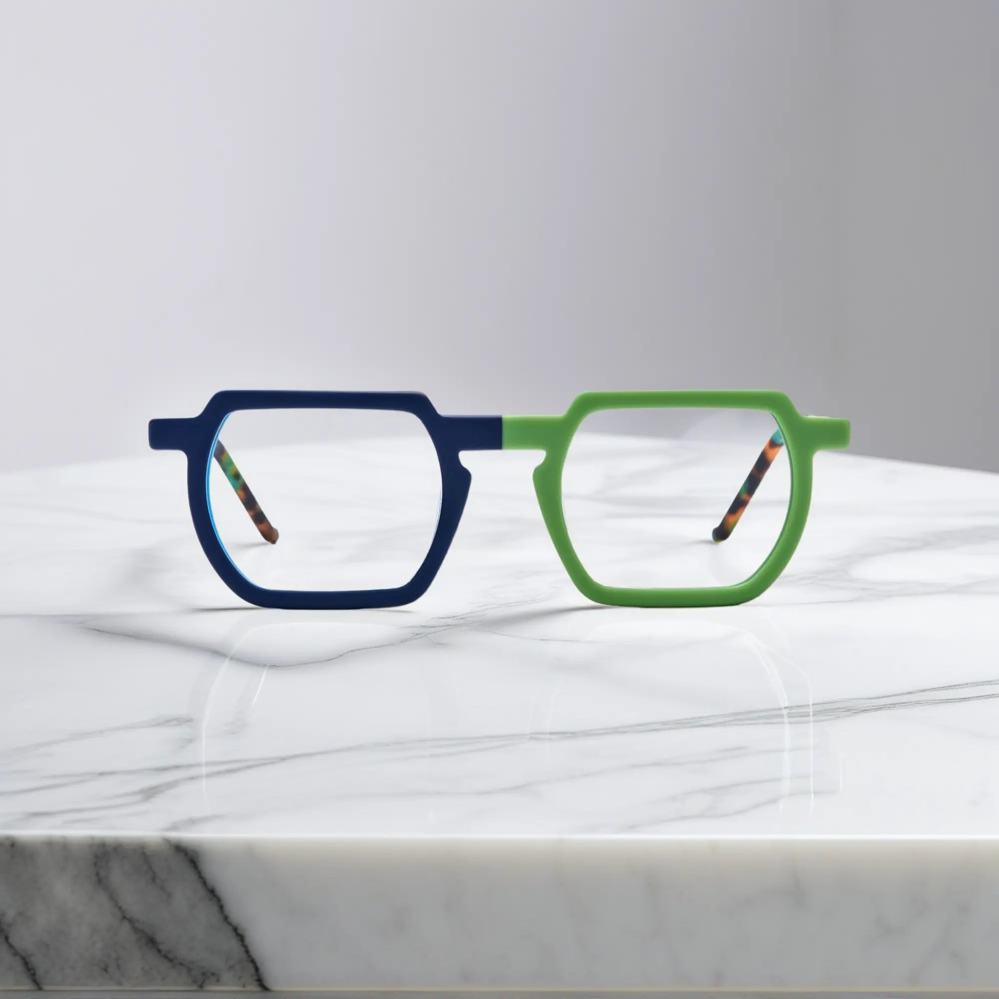 Front view of VoyueLens™ Blue-Green Matte eyeglasses with square frame, bold contrast, and a modern streetwear vibe