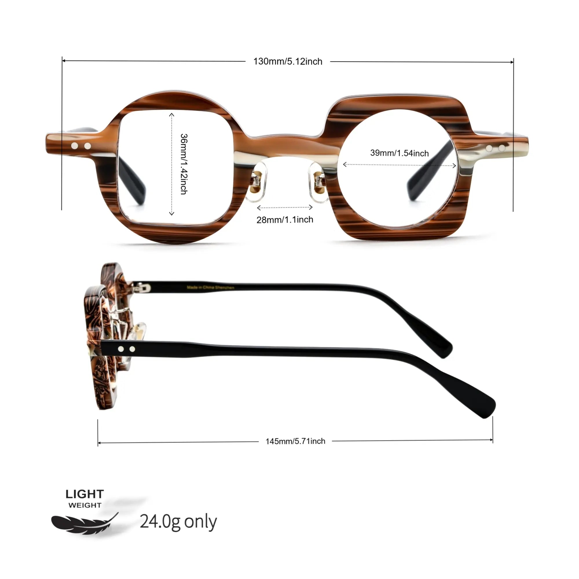 Size diagram of VoyueLens Designer Series brown stripe asymmetrical eyeglasses with detailed frame and lens measurements.