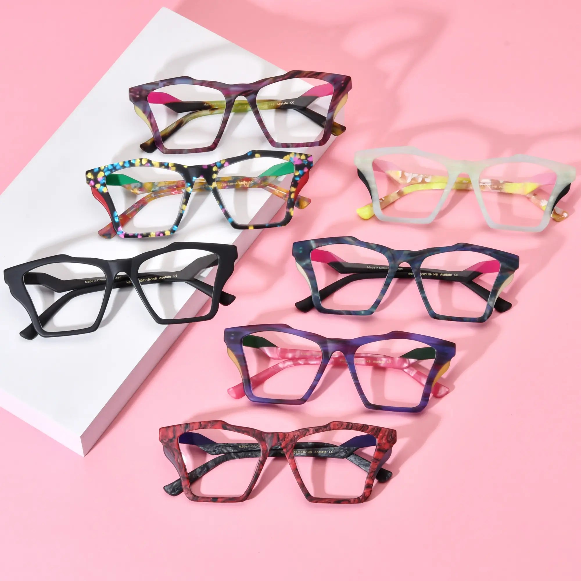 Full series lineup of VoyueLens™ matte acetate butterfly eyeglass frames in all 7 color variants.