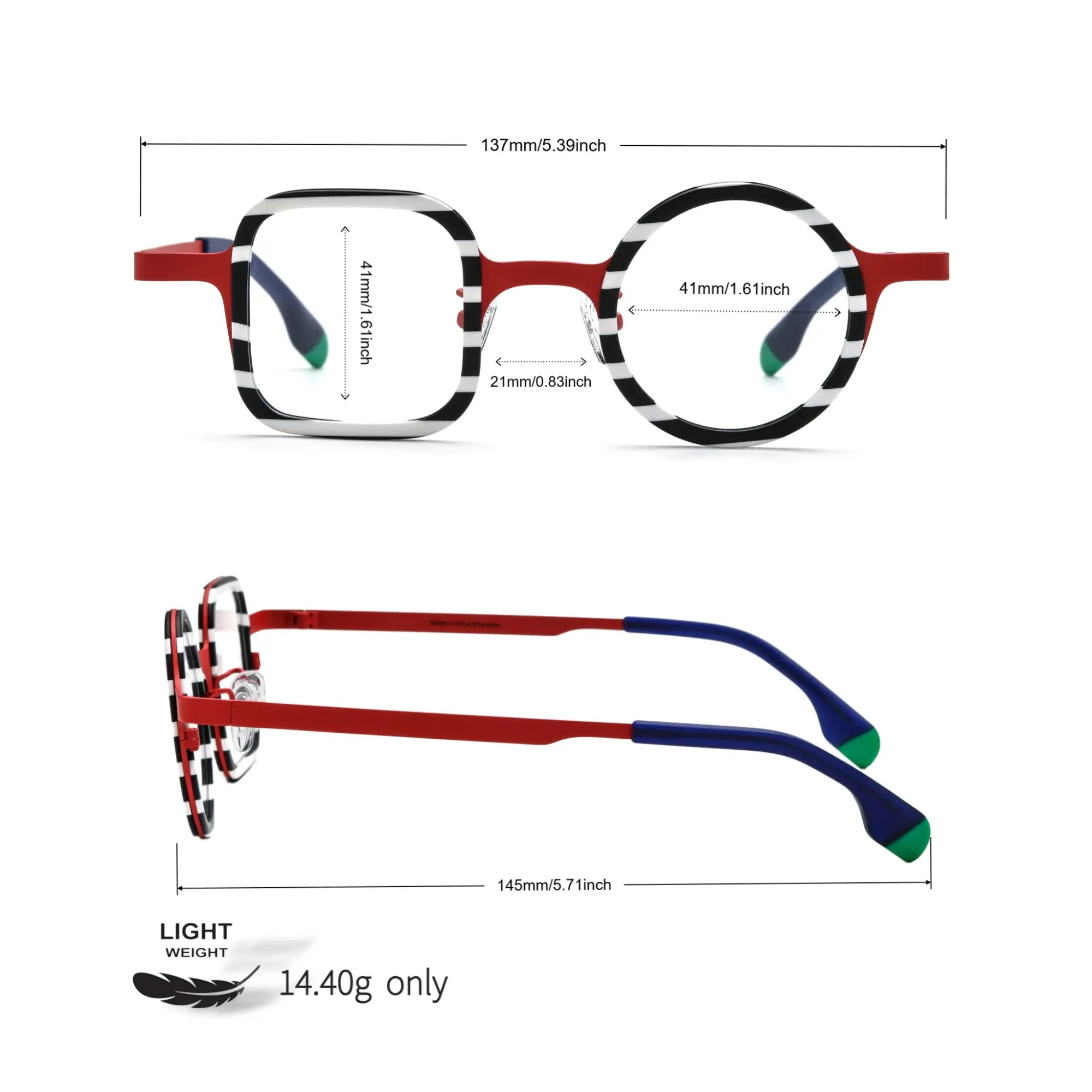 Size chart of VoyueLens™ Candy Stripe Red glasses with all key dimensions in mm.