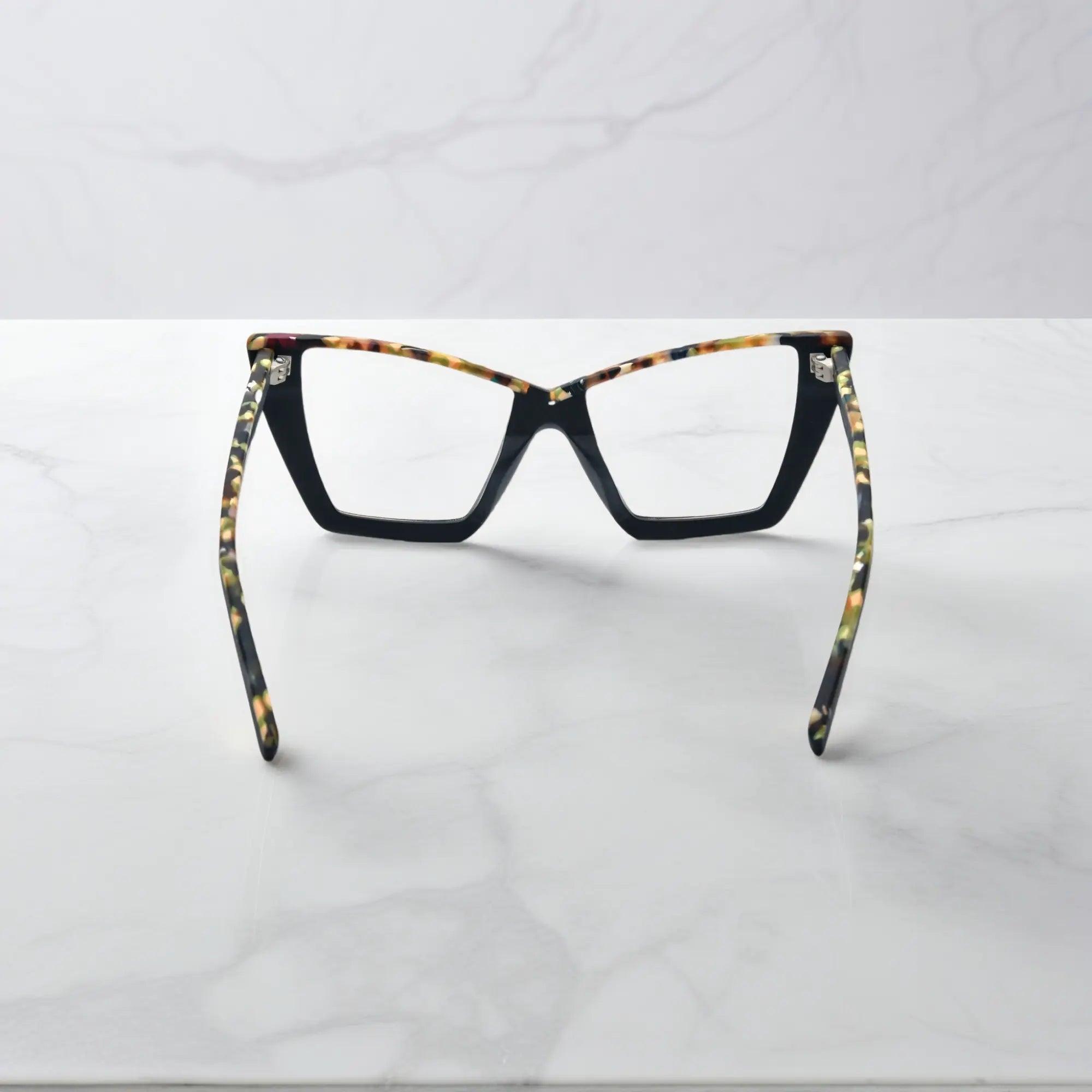 Rear angle of VoyueLens™ Black-Blue Accent oversized butterfly frame with premium acetate and flexible hinges