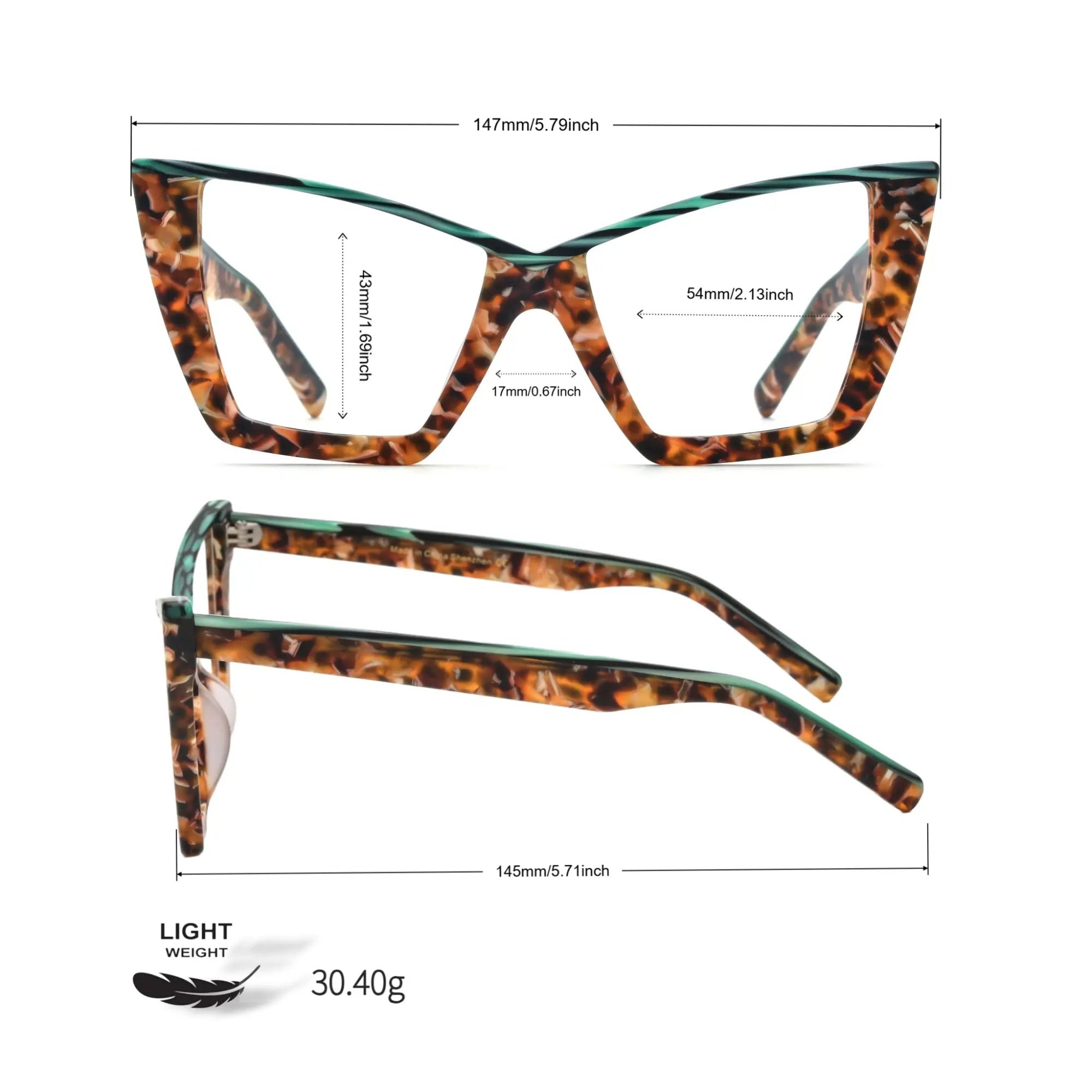 Size chart image of VoyueLens™ emerald tortoise acetate glasses, with detailed frame measurements and dimensions in millimeters and inches