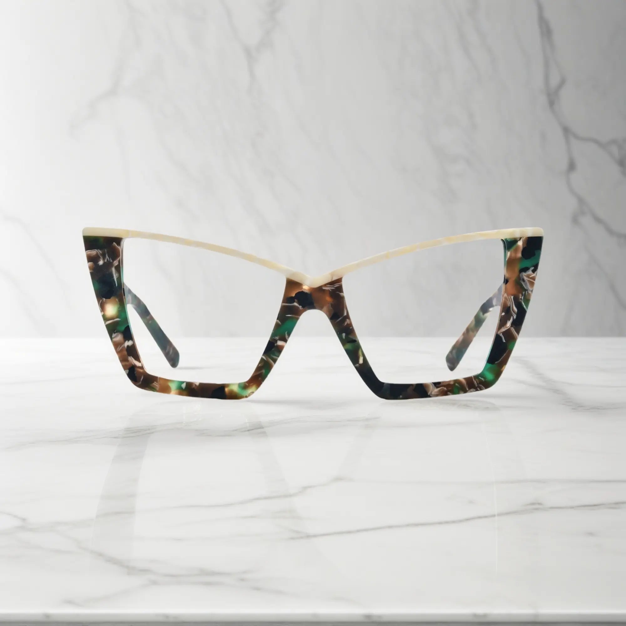 Front-facing view of VoyueLens™ oversized cat-eye glasses in Olive Tortoise, featuring a warm marbled acetate pattern in olive green and amber