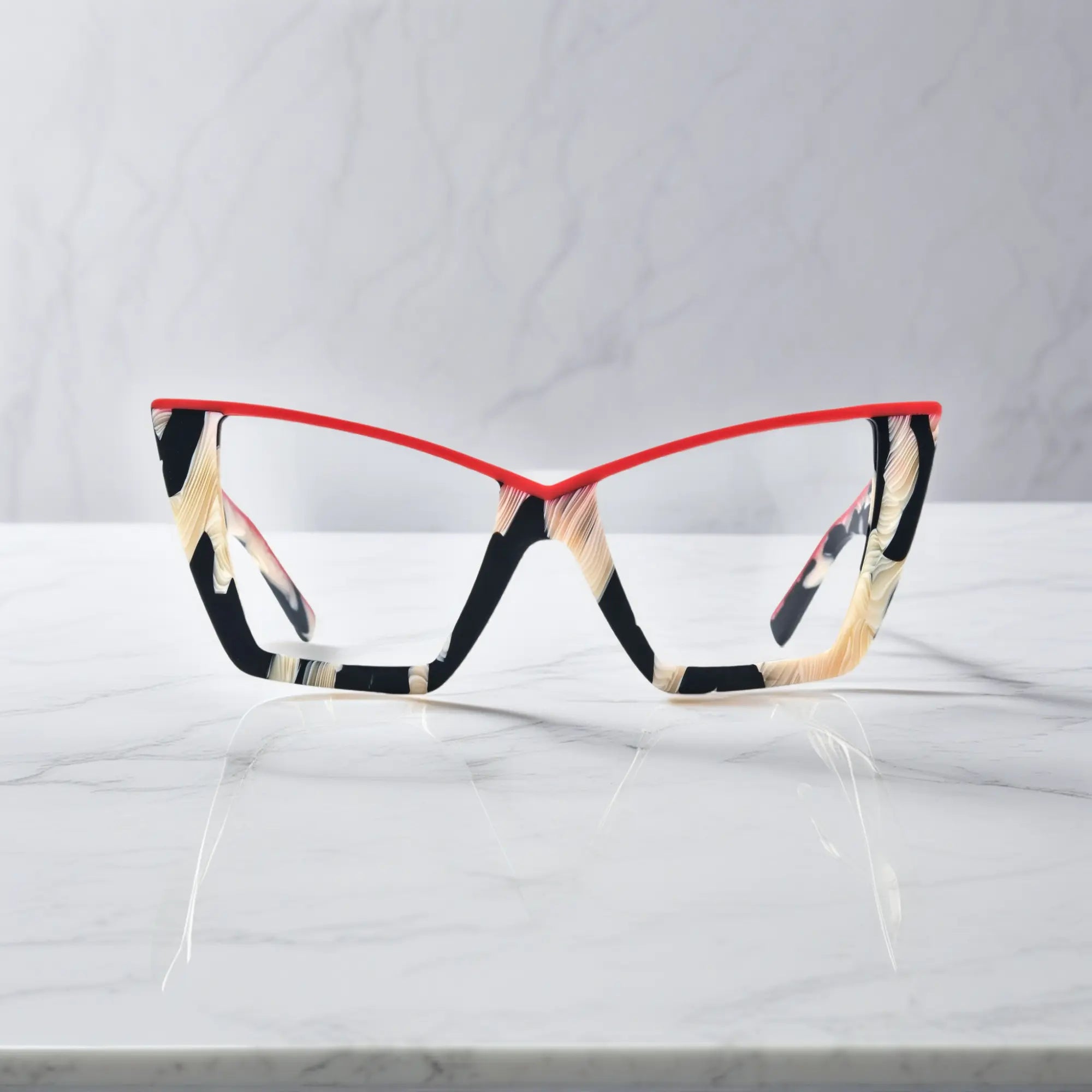 Front view of VoyueLens™ cat-eye glasses in Scarlet Ivory Feather colorway, featuring red-accented top rim and ivory feathered acetate texture
