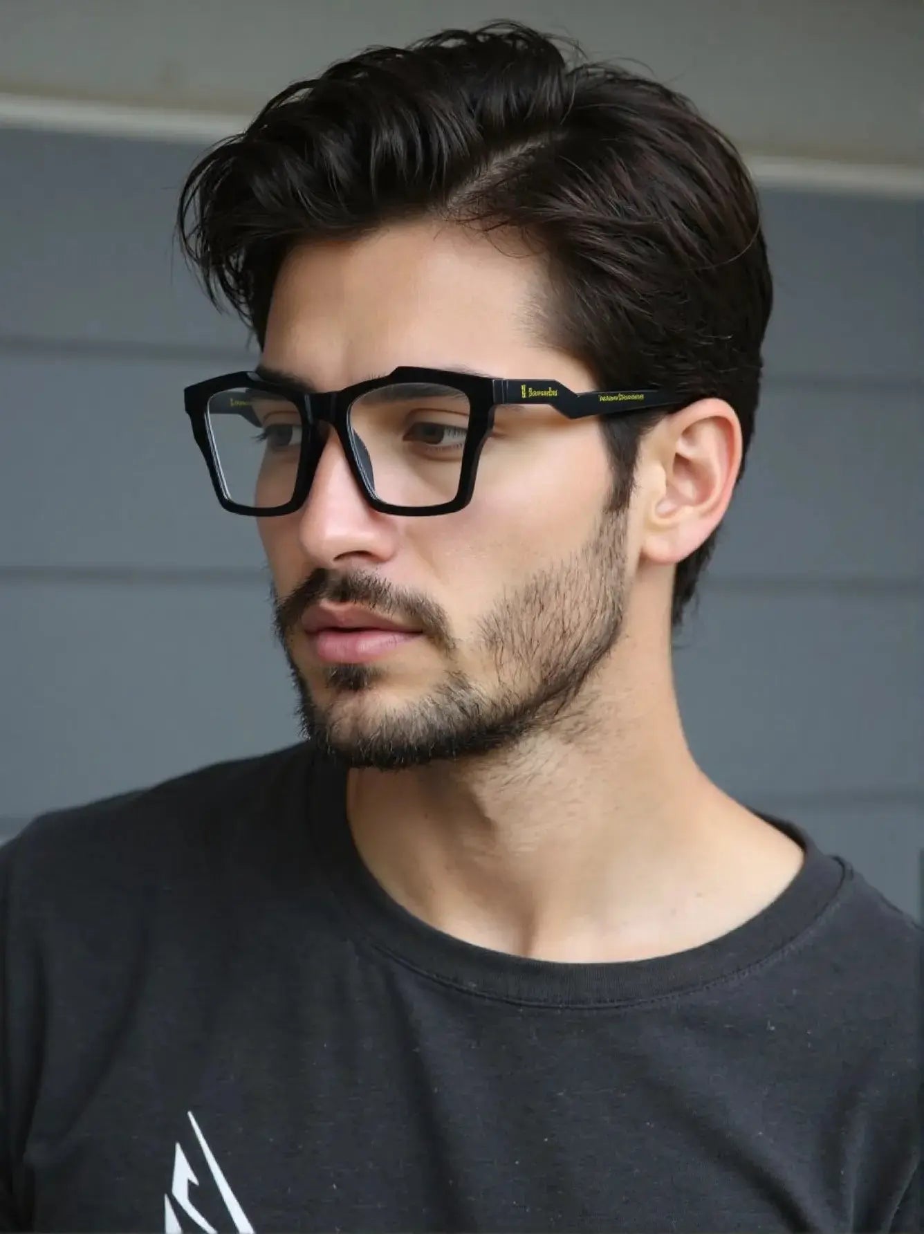 Model wearing VoyueLens™ Charcoal Black butterfly frame in solid matte black with subtle gray temples, demonstrating stylish fit for wide faces.