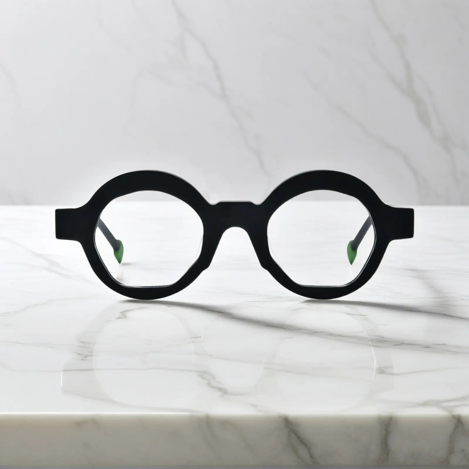 Front view of VoyueLens™ VL19355 Charcoal Black polygon eyeglasses with clean matte acetate for a minimalist and modern feel
