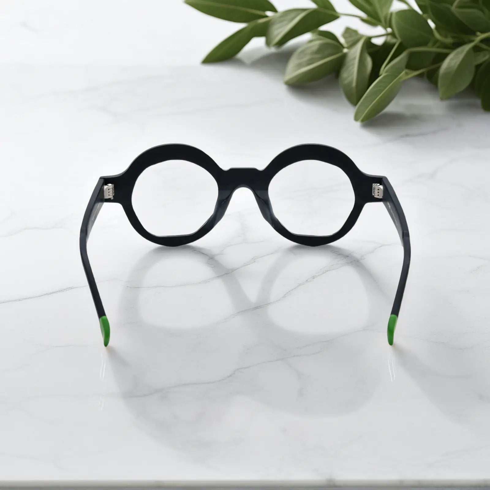 Rear angle of VoyueLens™ Charcoal Black eyeglasses featuring anti-slip temple tips and matte-black surface finish