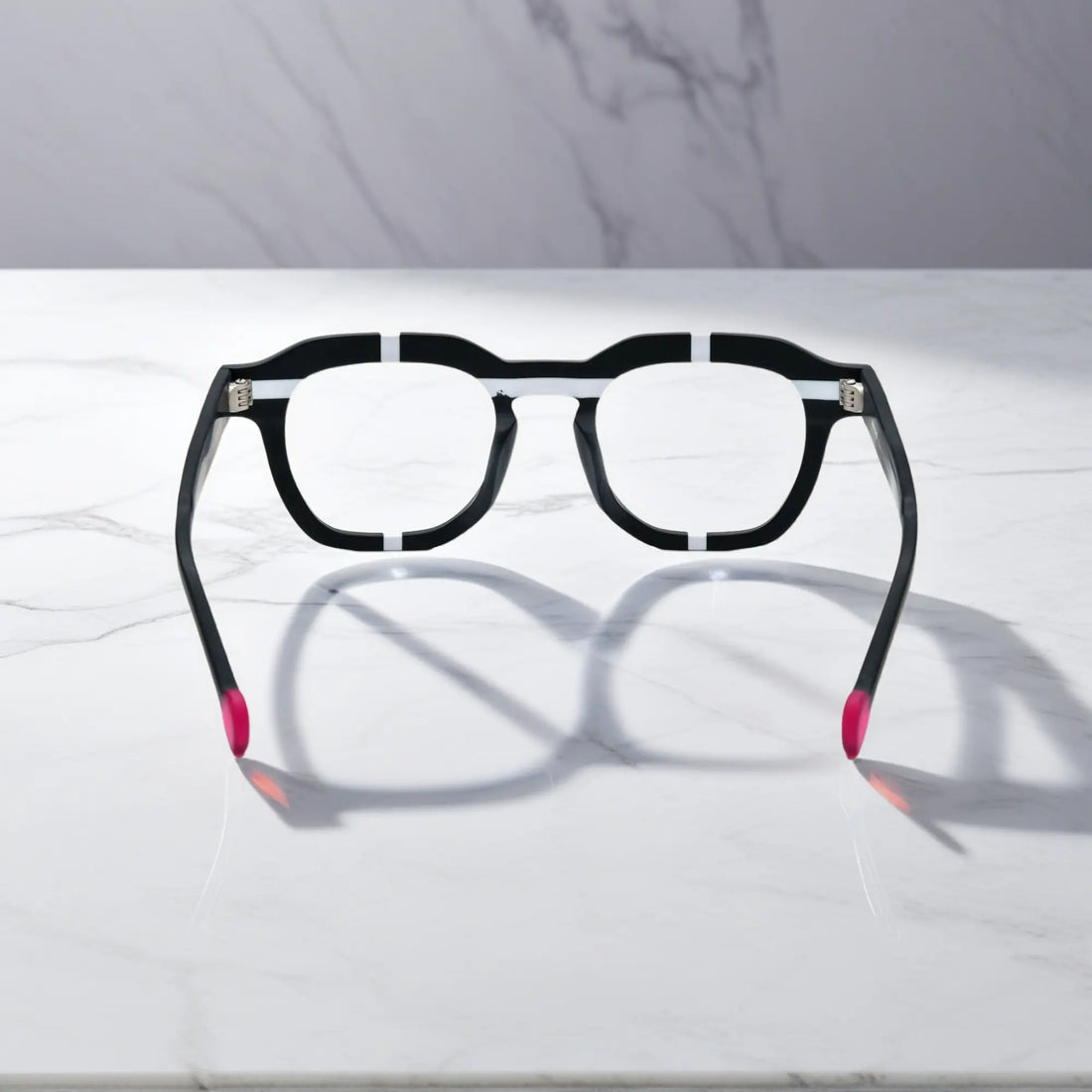 Rear view highlighting hinge and temple tips of the Charcoal Stripe frame