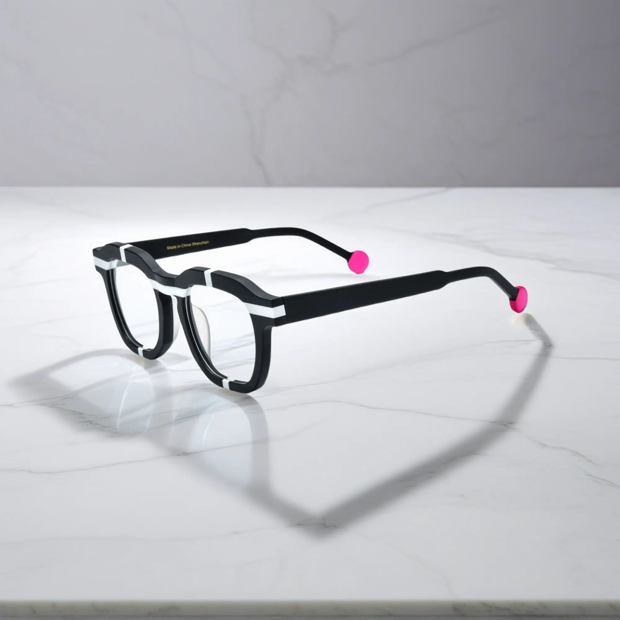 Side view of VoyueLens™ VL19363 Charcoal Stripe matte black eyeglasses with pink tips