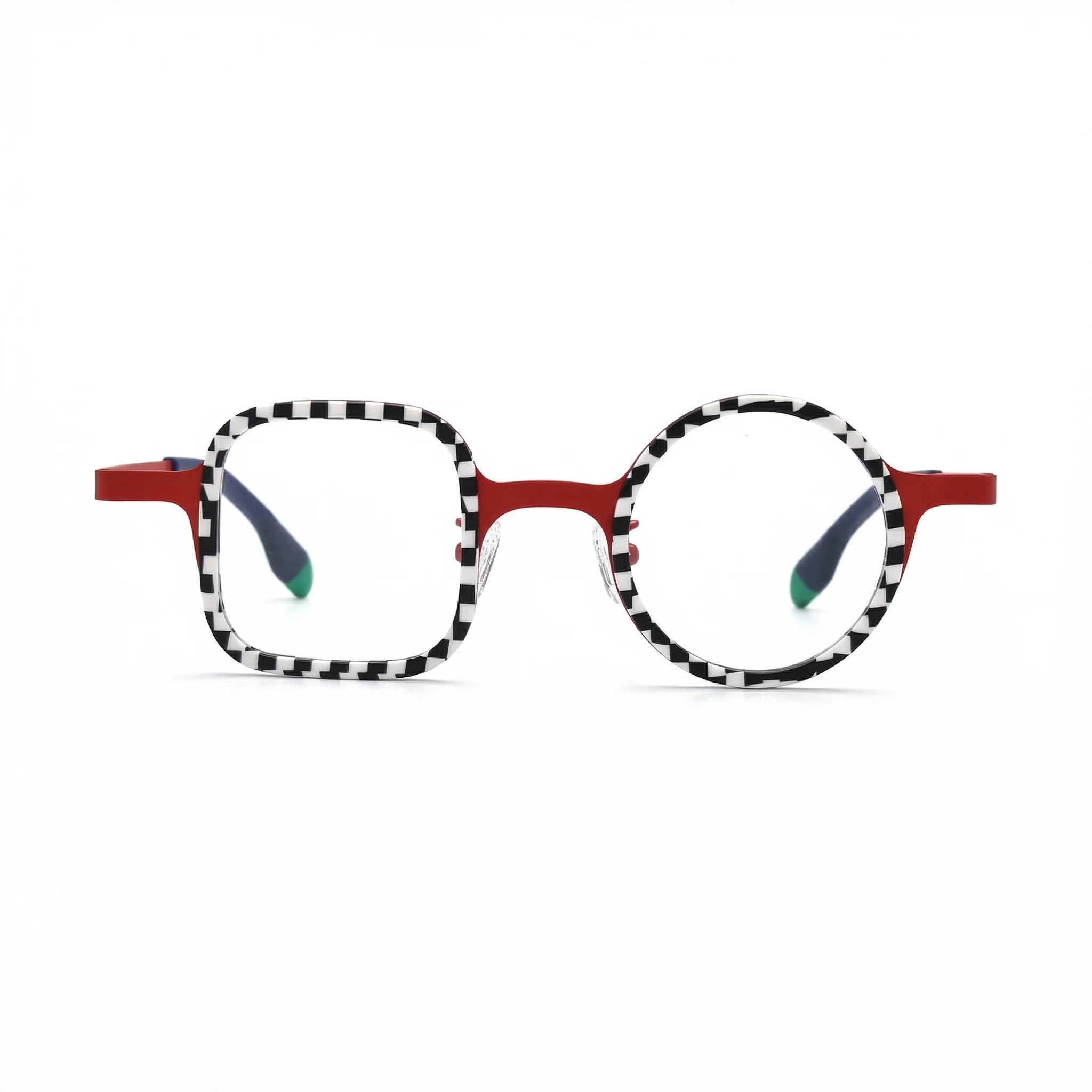 Clean front view of VoyueLens Checker Clash Red eyeglasses isolated on white background, showcasing bold checker pattern and artistic frame design by BARLEDEAR.