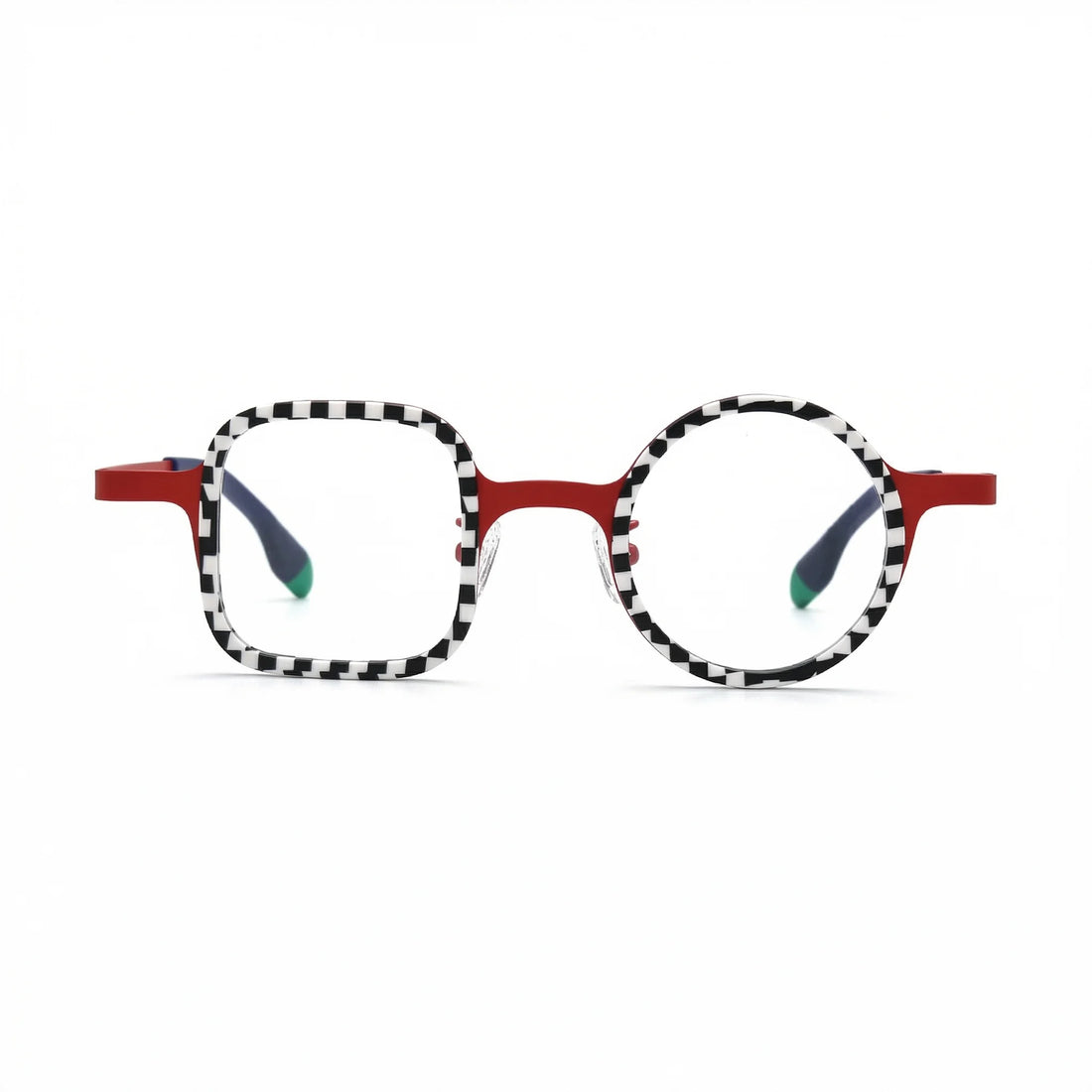 Clean front view of VoyueLens Checker Clash Red eyeglasses isolated on white background, showcasing bold checker pattern and artistic frame design by BARLEDEAR.