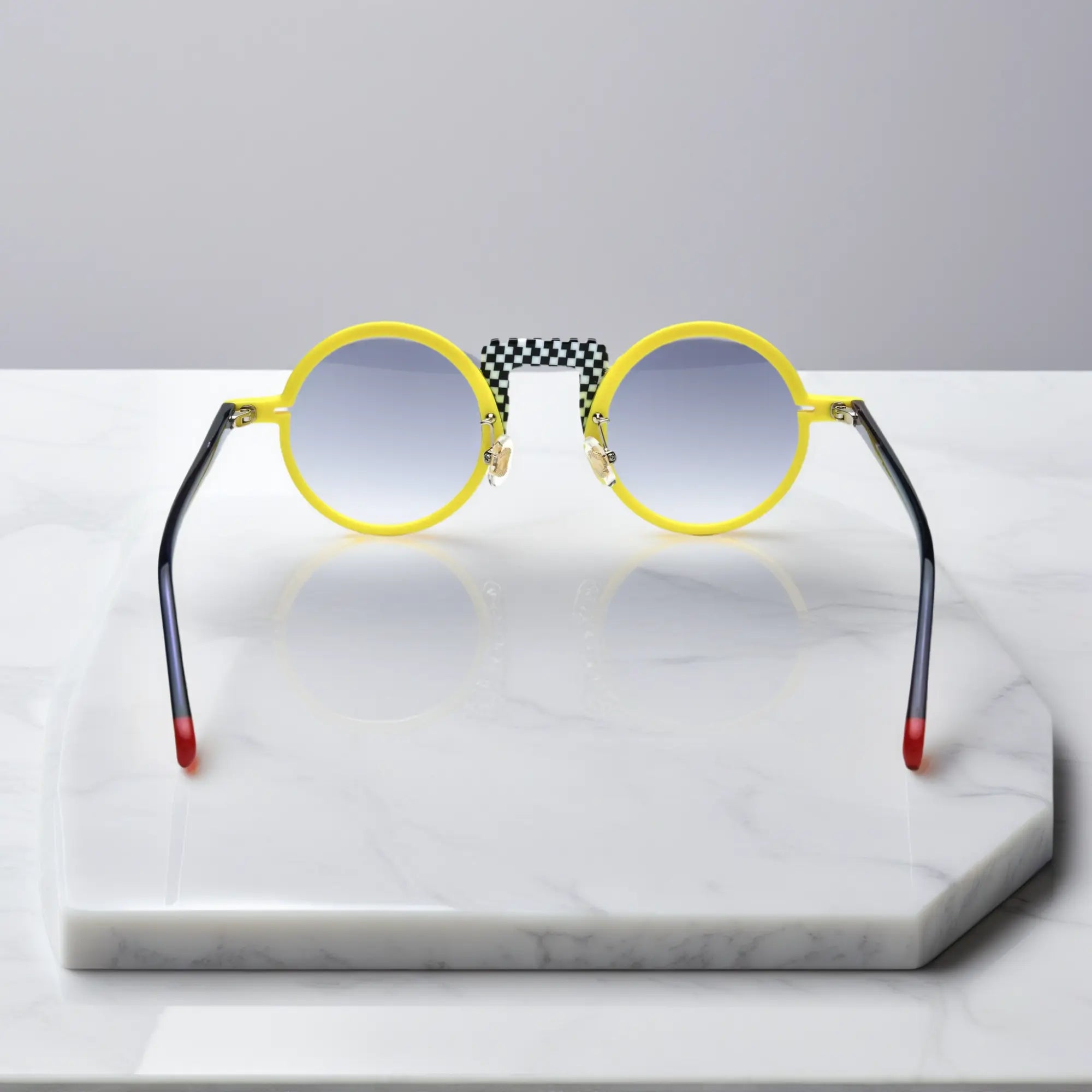 Back view showing gradient temples of VoyueLens™ Checker Yellow variant