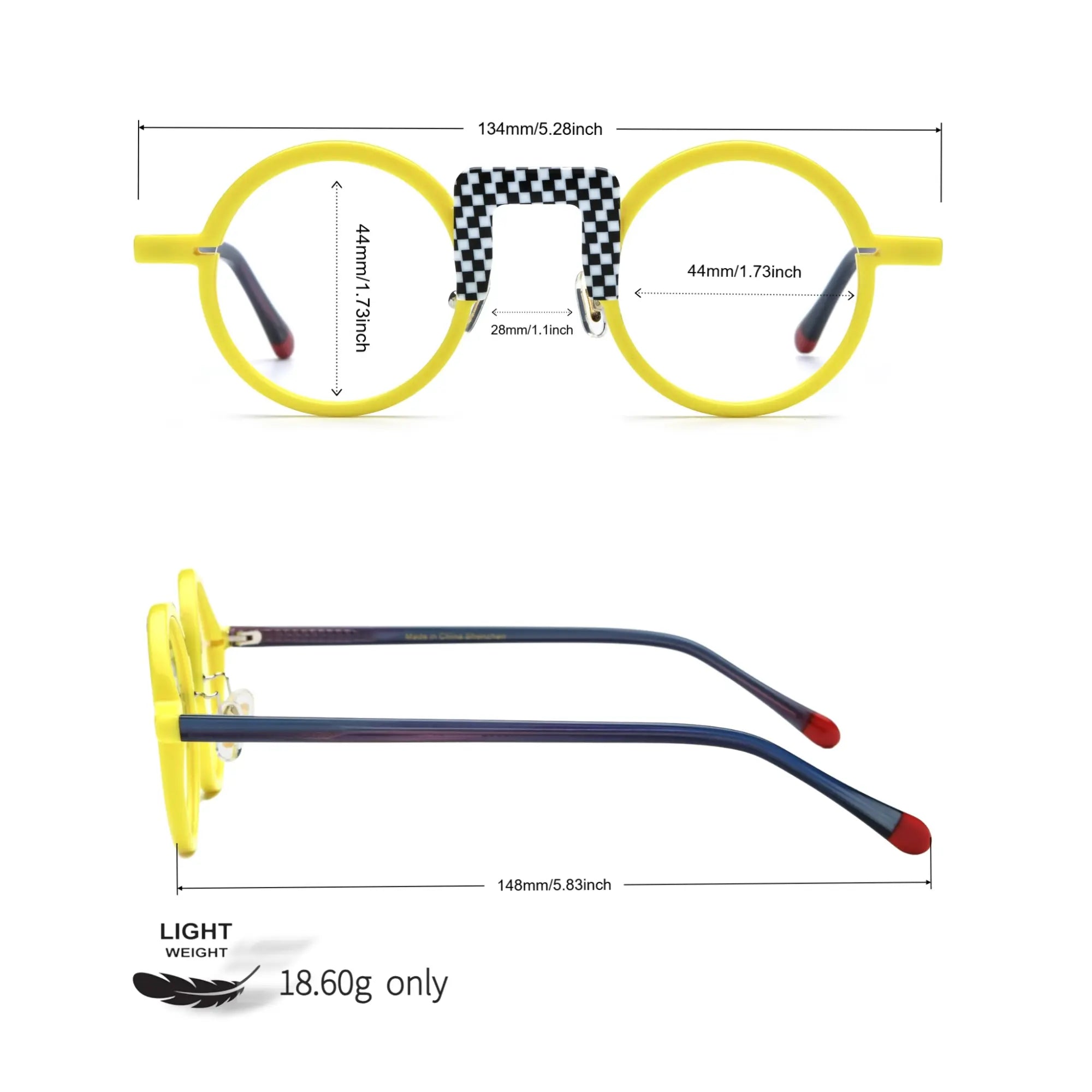 Dimensions and lightweight details of Checker Yellow NeoPop glasses