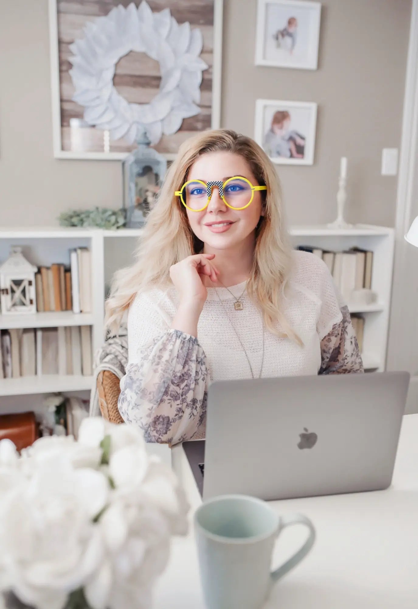 Model wearing NeoPop eyeglasses in Checker Yellow