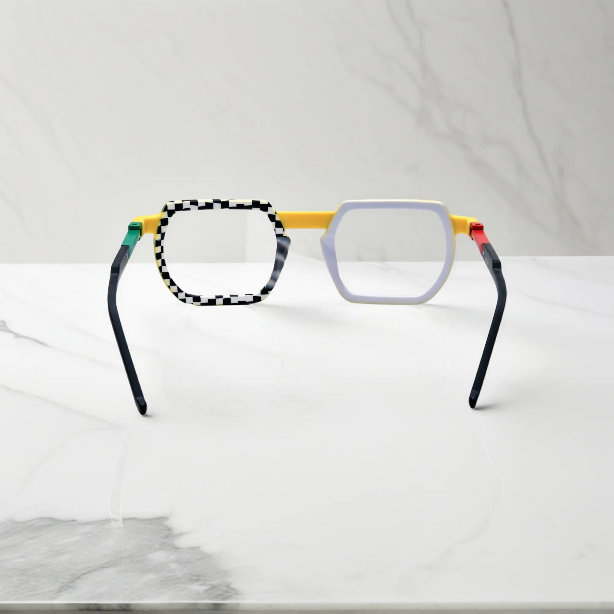 Rear angle of Checkerboard Yellow fashion glasses with matte frame and youthful rebellious appeal