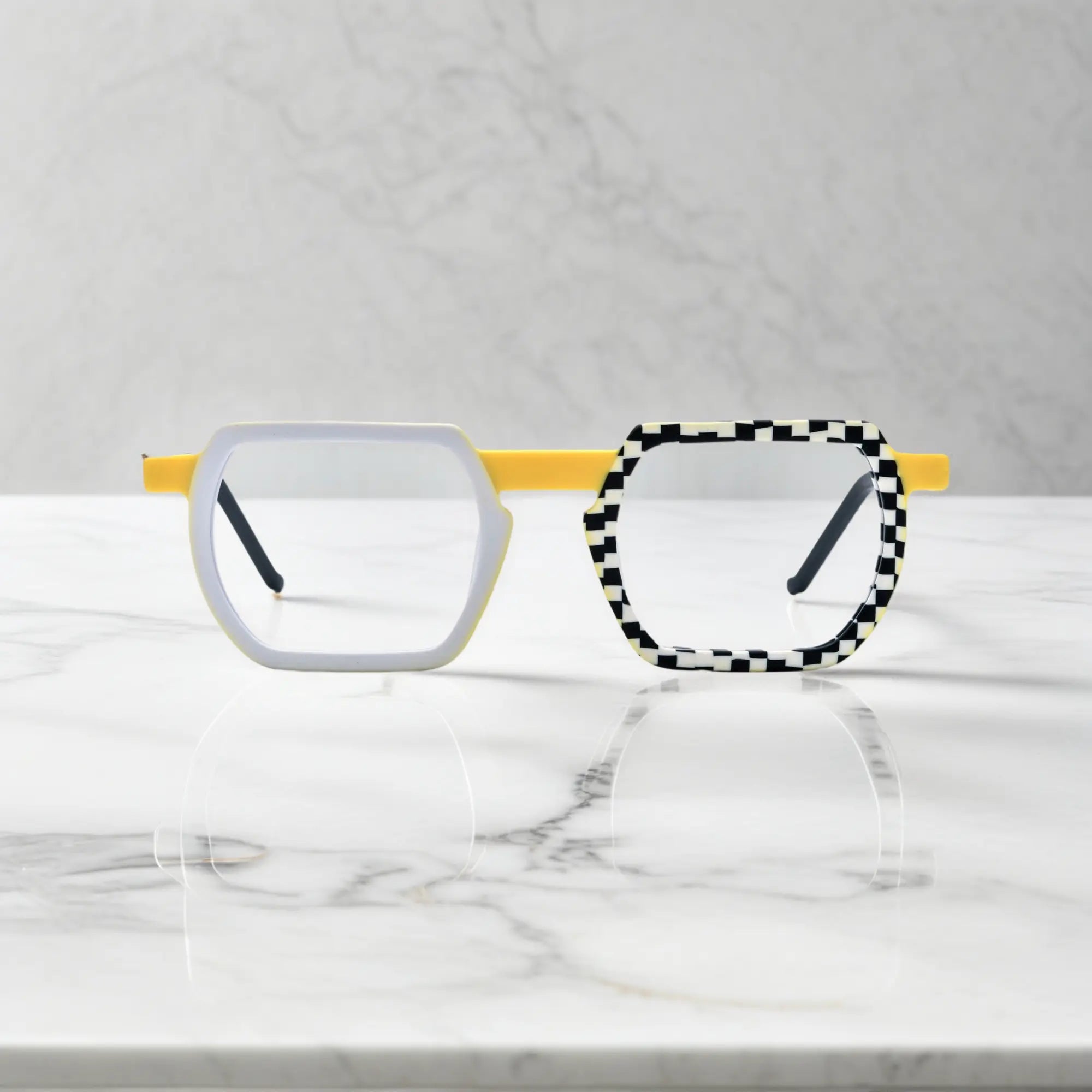 Front view of VoyueLens™ Checkerboard Yellow eyeglasses with standout geometric silhouette and bold contrast