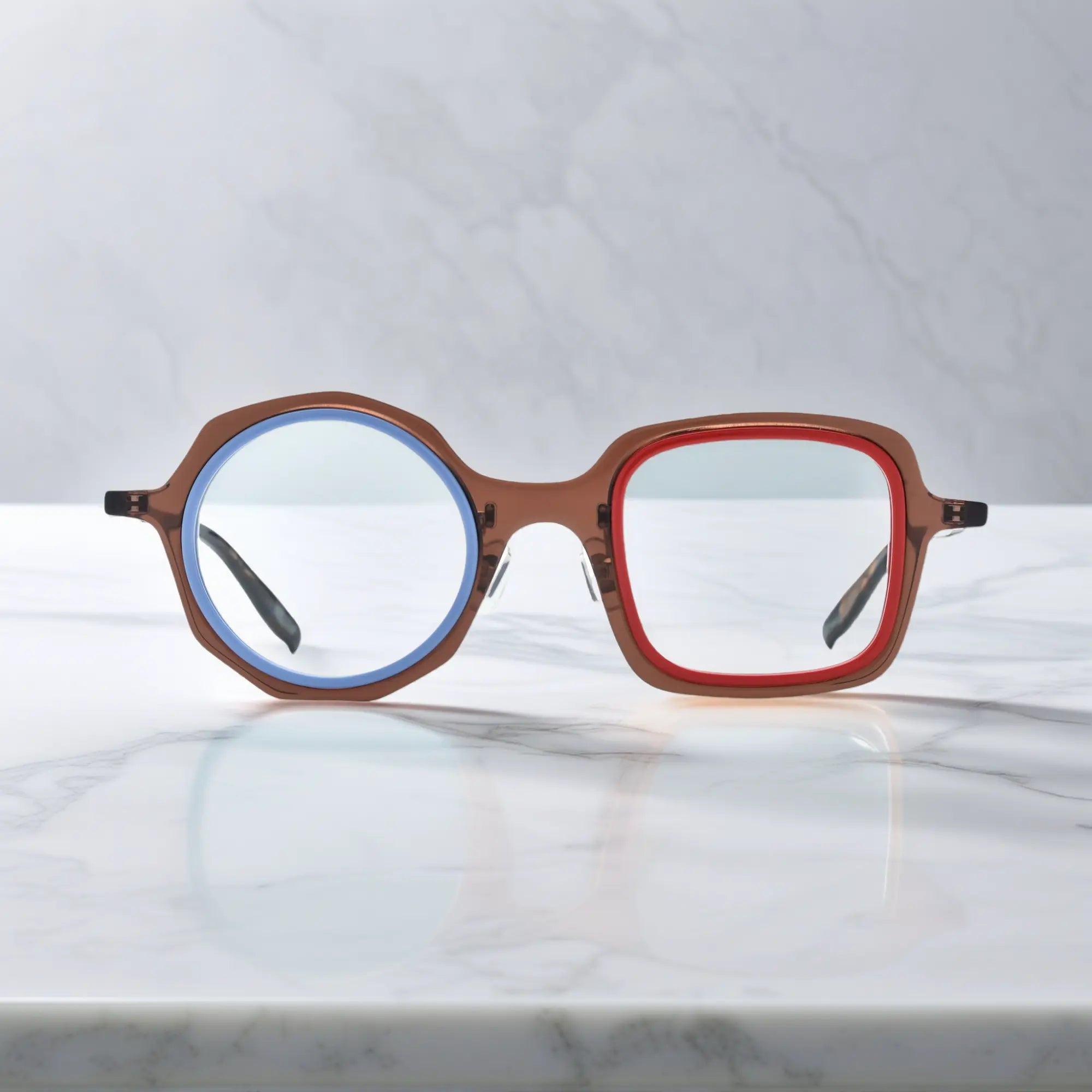 VoyueLens™ geometric eyeglasses in Chestnut Blue color, shown in front view. Features acetate frame and silicone nose pads.